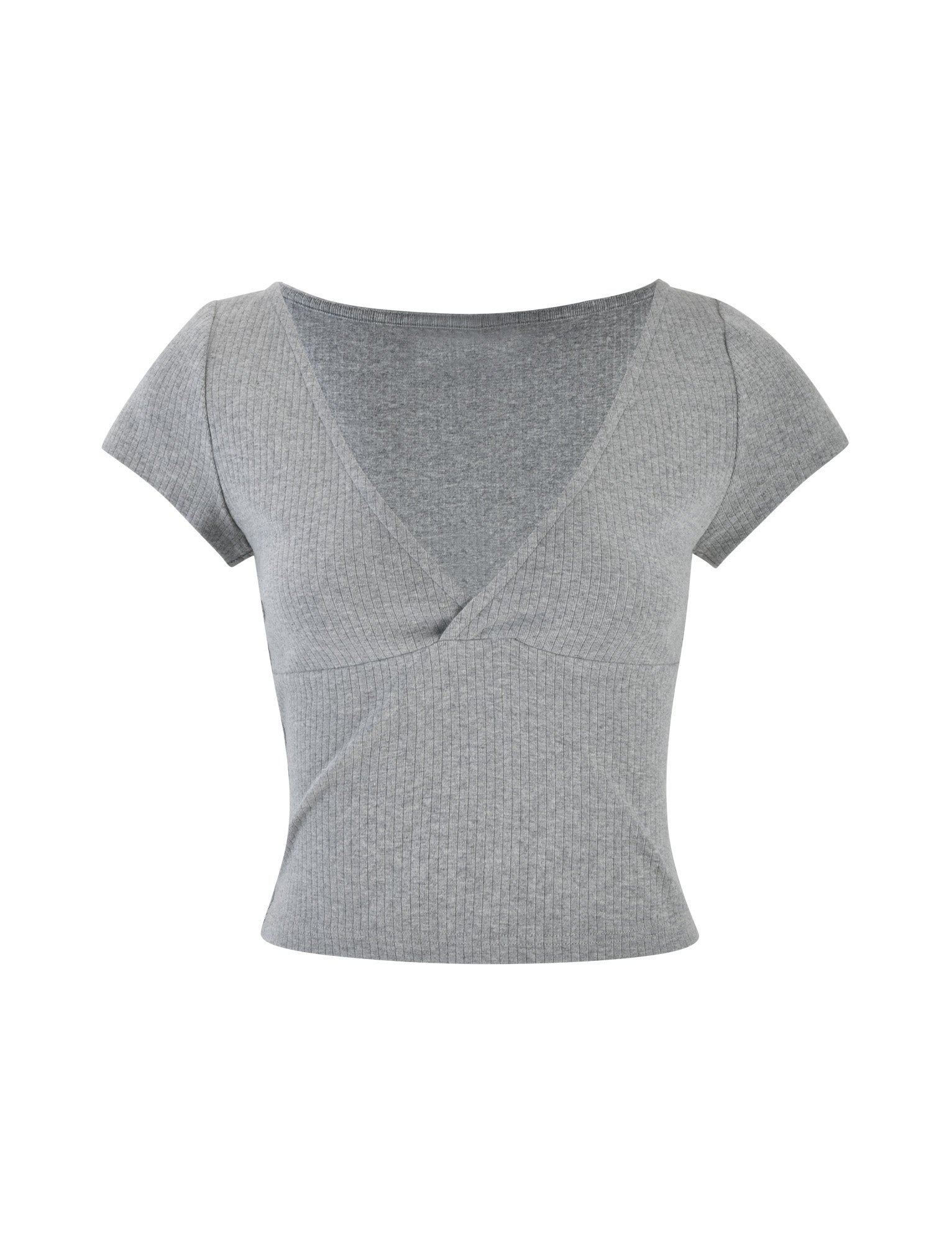 Introducing the KAVAT TOP - GREY from TIGERMIST. This dove gray, short-sleeved, V-neck cropped top showcases a ribbed texture fabric with subtle seams that enhance its structured look. The top features a fitted waist and boasts a stylish, casual design perfect for everyday wear.
