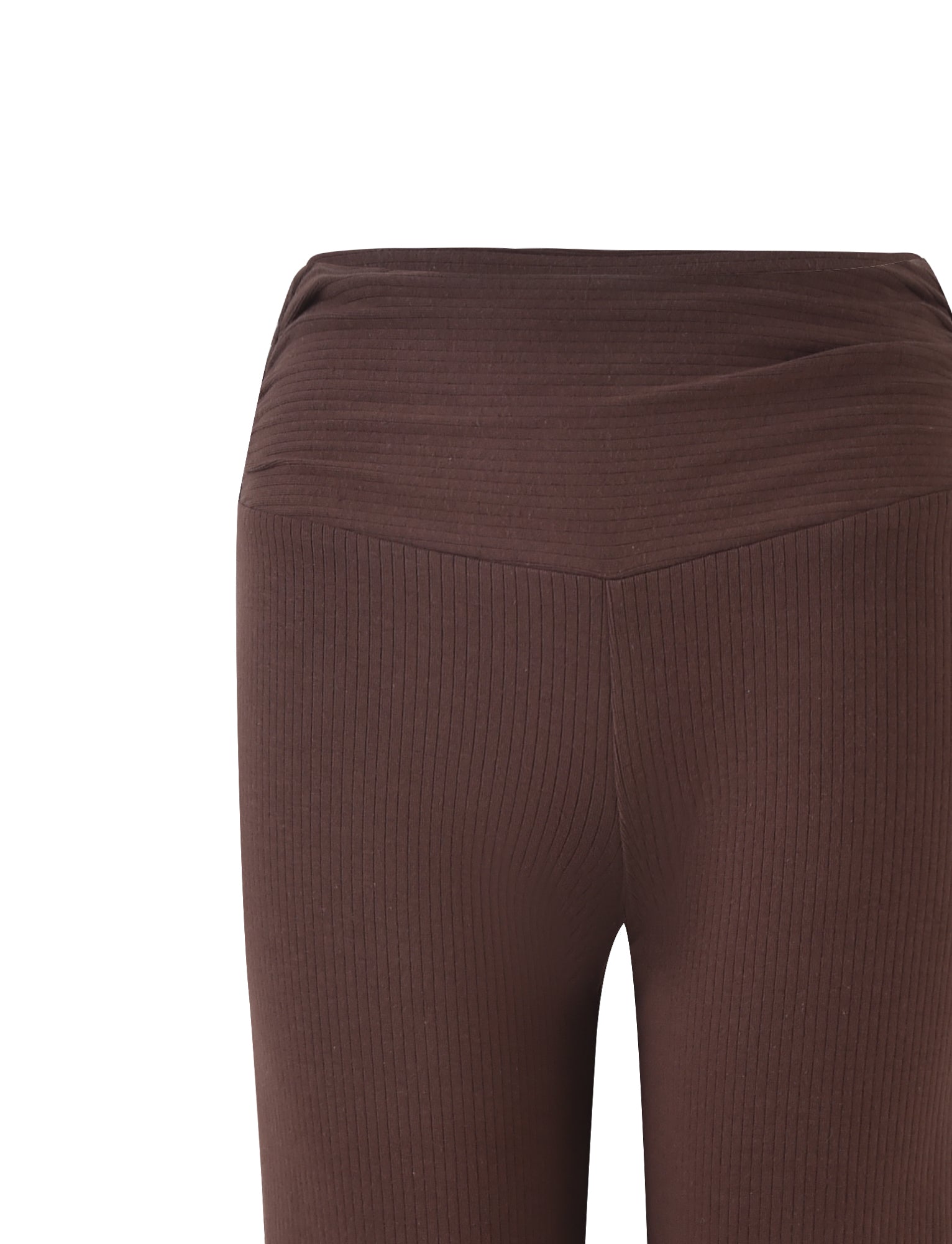 A close-up view of the TIGERMIST KAVAT PANT - BROWN. The high-waisted, ribbed leggings showcase a wide waistband with a slight diagonal seam detail at the front, forming a flattering V-shape. The vertically ribbed texture extends down the length of the leggings.