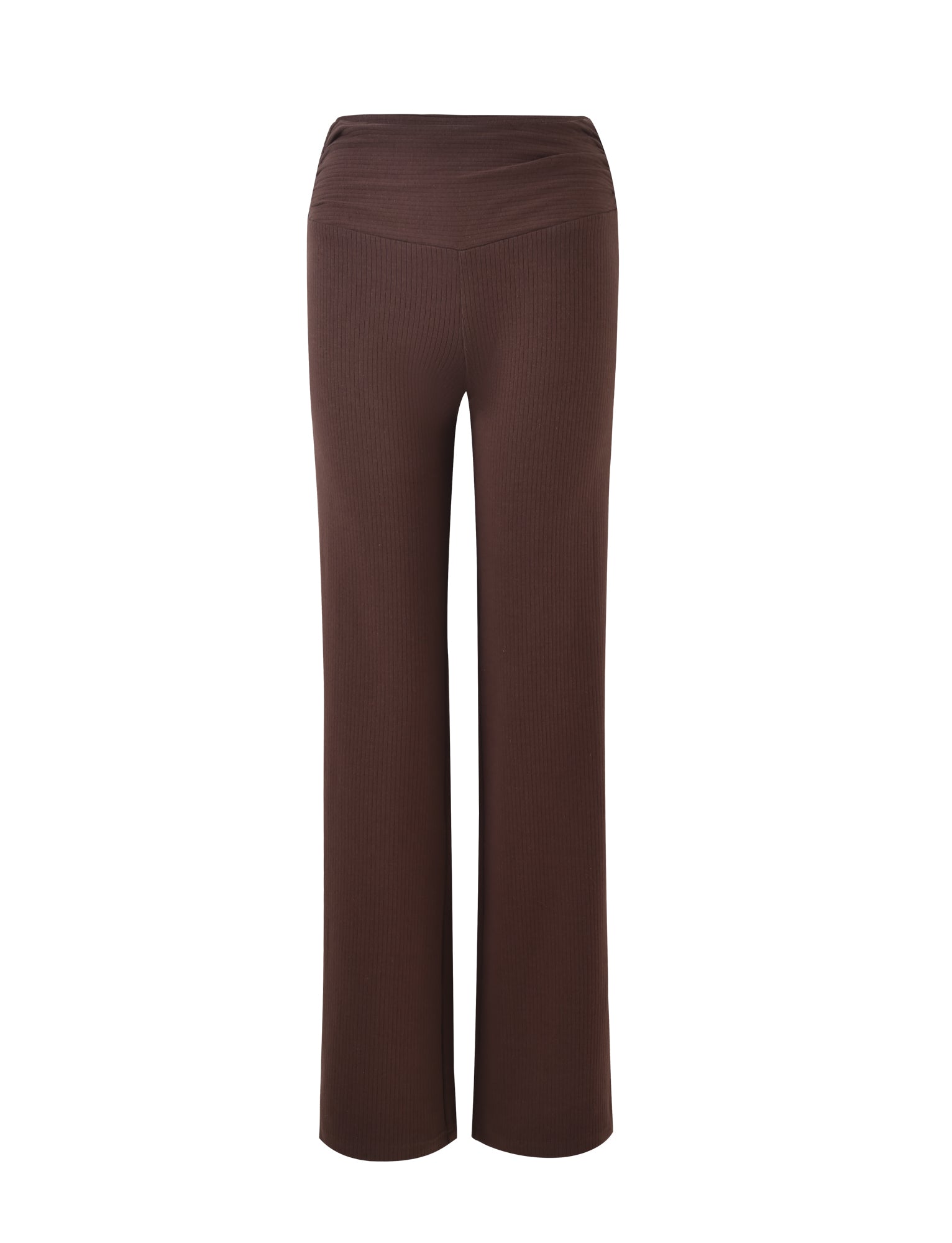 The KAVAT PANT - BROWN from TIGERMIST is displayed against a white background. These brown, high-waisted, wide-leg pants feature a ribbed texture and offer a tailored fit at the waist and hips, gently flaring out towards the bottom.