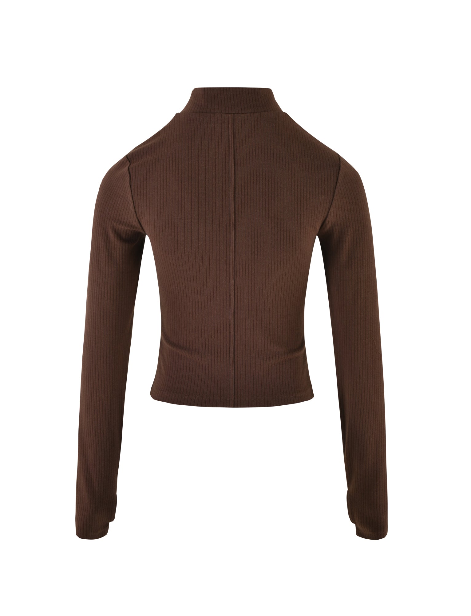 Back view of the KAVAT JACKET - BROWN by TIGERMIST. This long-sleeved, ribbed cardigan features a high neck and a vertical seam running down the center of the back. The fabric appears to be stretchy for a snug fit.