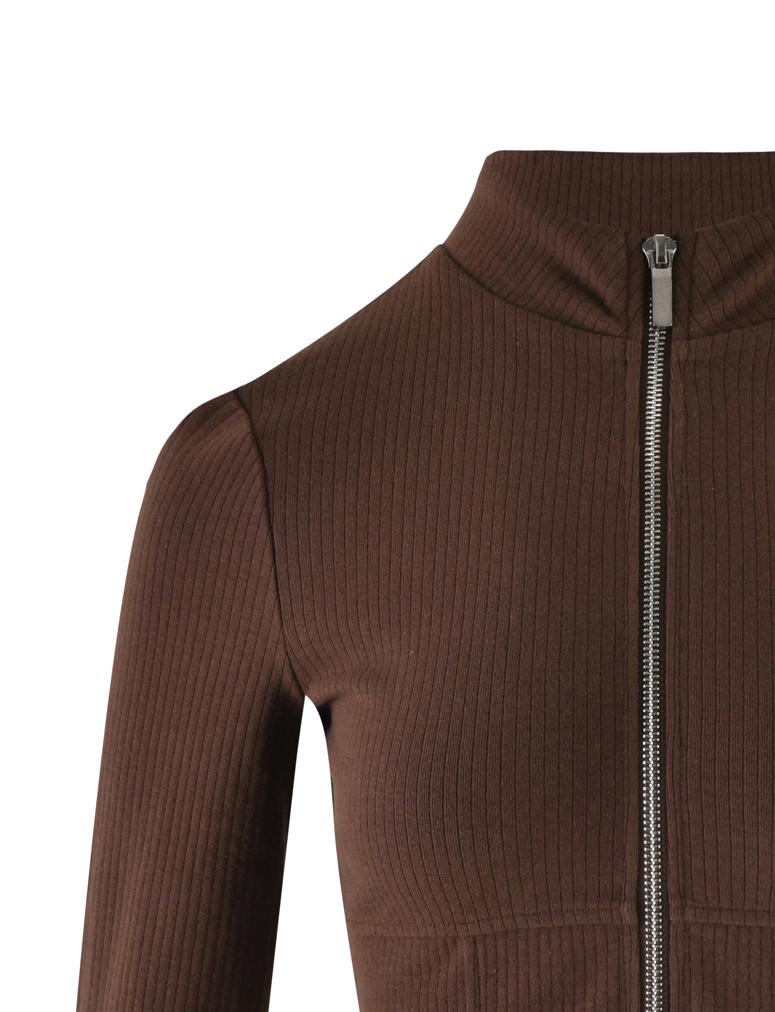 Close-up of the KAVAT JACKET - BROWN from TIGERMIST, showcasing its long sleeves, ribbed knit texture, and high collar. The central vertical zipper is partially open, revealing the garment's intricate details against a plain white background.