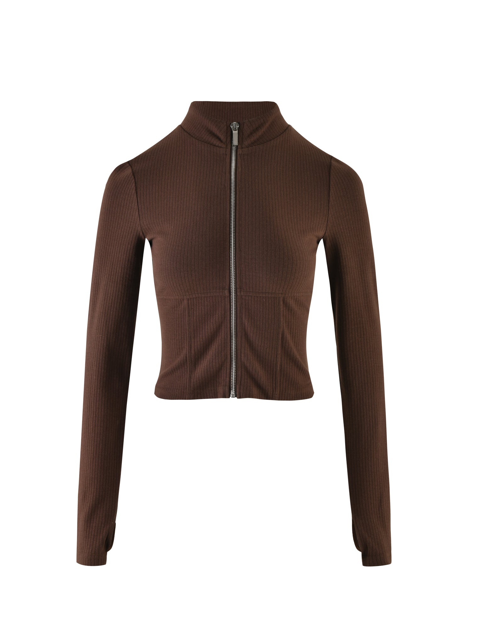 The KAVAT JACKET - BROWN from TIGERMIST is a brown, long-sleeve, fitted, ribbed jacket featuring a high collar and front zipper closure. This stylish piece has a cropped design that ends just above the waist.