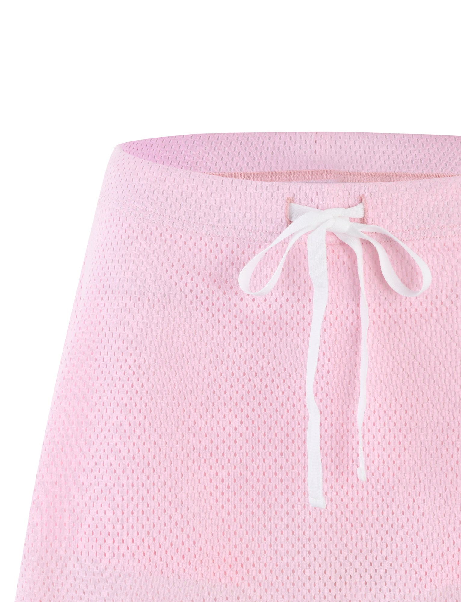 A close-up of a semi-transparent, textured pink drawstring bag from TIGERMIST. The NYDIA SKORT in Blush, Dusty Pink features a white shoelace-style drawstring at the top center for closure. The photo captures the top half of the bag.