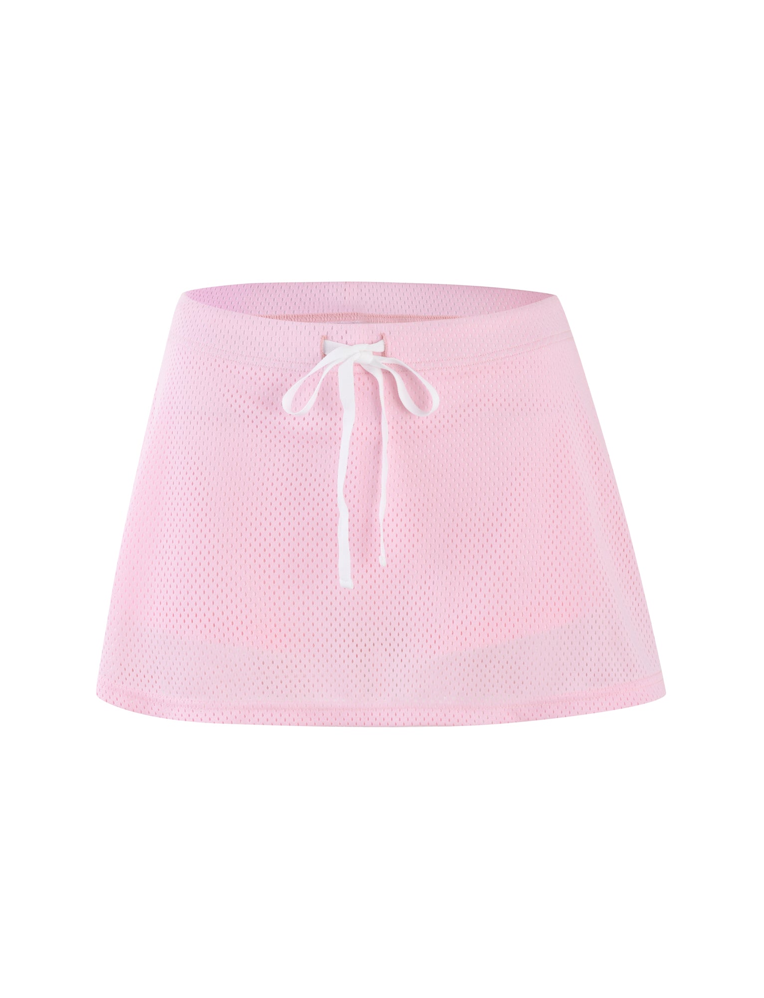 The TIGERMIST NYDIA SKORT in Blush Dusty Pink is a light pink mesh mini skort with a white drawstring around the waist. This semi-transparent skort features a sporty and casual design.