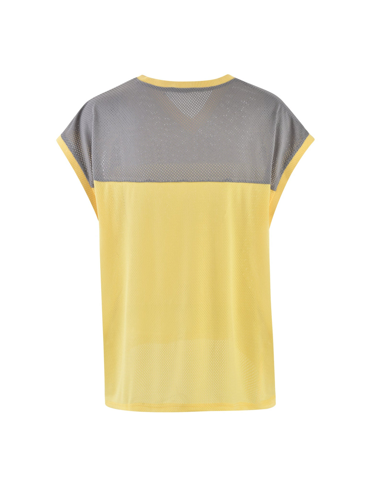 The ZENITH TANK - YELLOW by TIGERMIST is a stylish sleeveless top featuring a pale yellow bottom and a gray mesh upper. It boasts a loose fit, crafted from breathable, lightweight material. The back design extends into a V-shape at the neck where the gray mesh meets the pale yellow fabric.