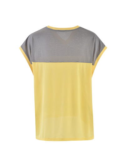 The ZENITH TANK - YELLOW by TIGERMIST is a stylish sleeveless top featuring a pale yellow bottom and a gray mesh upper. It boasts a loose fit, crafted from breathable, lightweight material. The back design extends into a V-shape at the neck where the gray mesh meets the pale yellow fabric.