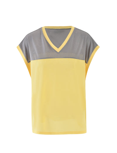 The ZENITH TANK - YELLOW by TIGERMIST is a sleeveless athletic shirt featuring a pale yellow body and light gray mesh shoulders and upper chest. It has a V-neck design and offers a relaxed fit, making it perfect for sports or casual wear.