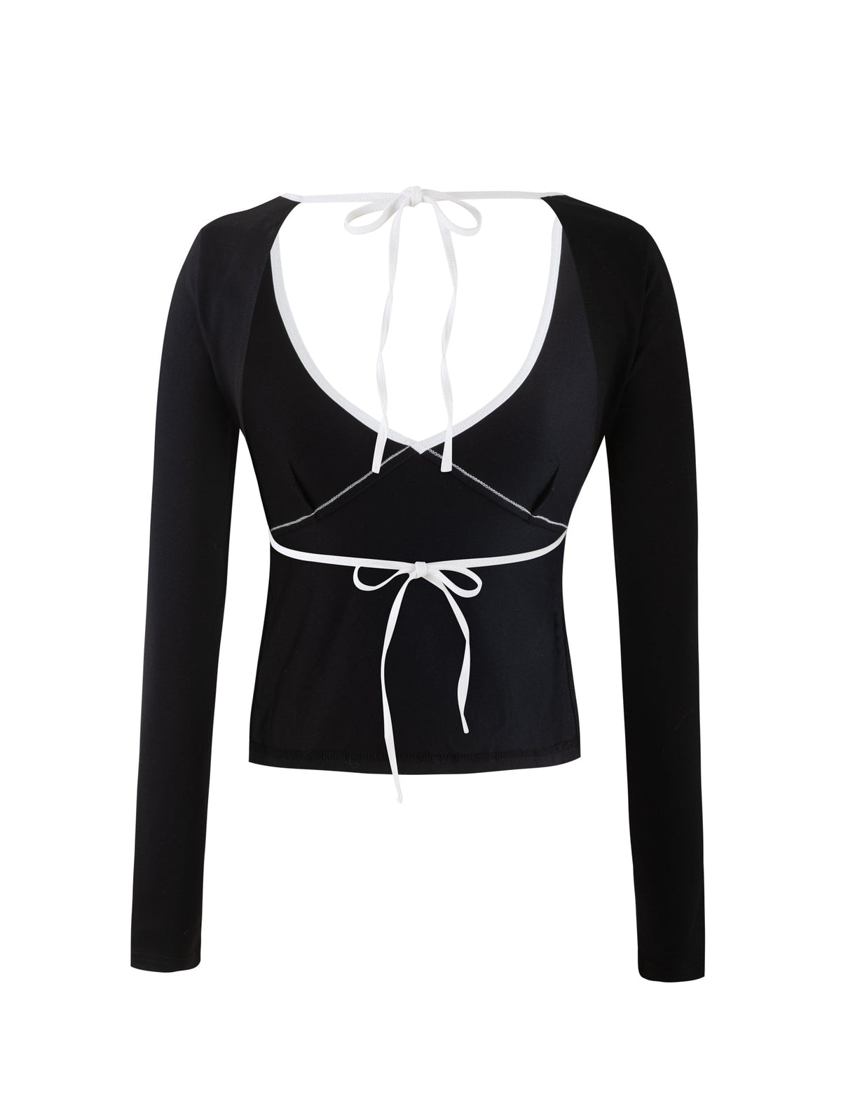 The ELESSAR TOP - BLACK by TIGERMIST is a black, long-sleeved crop top featuring a deep V-neckline adorned with white trim and tie closures at both the front and back. Crafted from stretchy fabric, this top boasts an open back with stylish crisscrossing ties for a chic, contemporary appearance.
