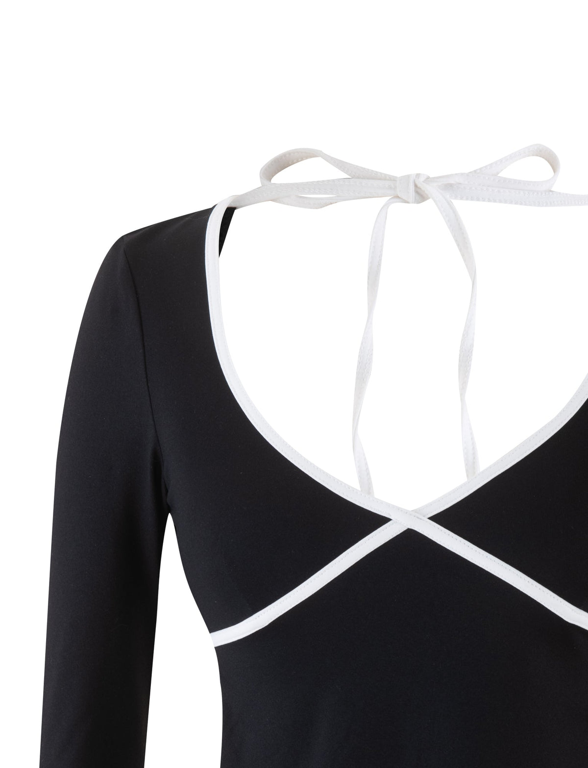 Close-up of the ELESSAR TOP - BLACK by TIGERMIST. This long-sleeve top features a deep V-neck with contrasting white piping and has white tie straps at the back that form a bow, revealing an open back. The stretchy fabric ensures a comfortable fit.