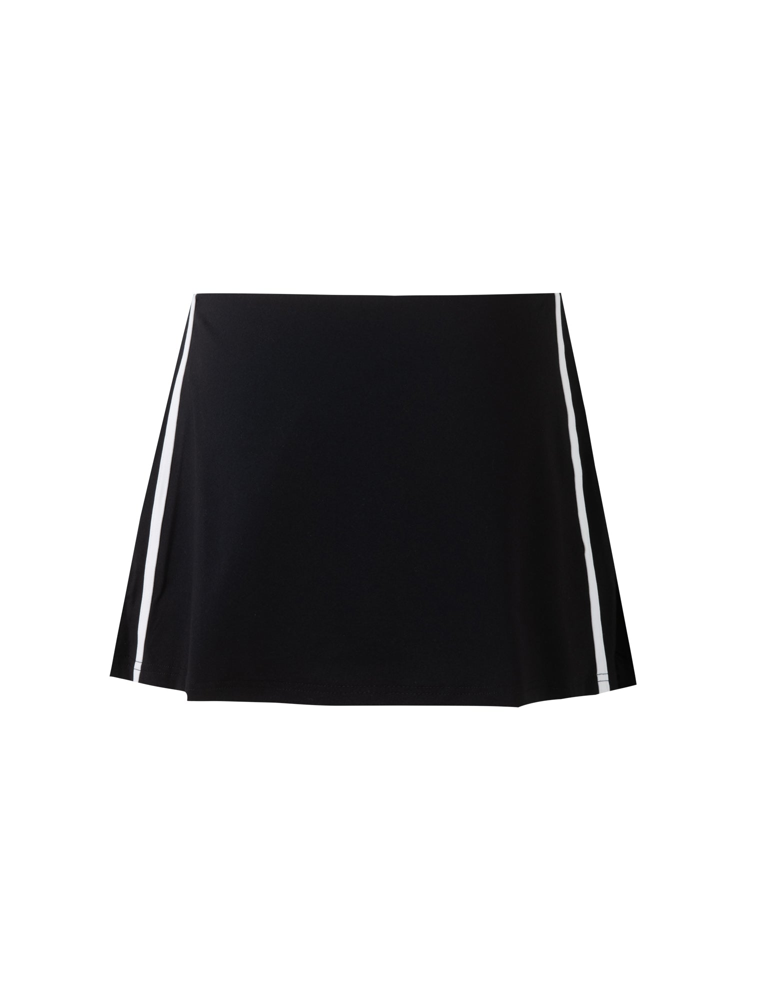 The ELESSAR SKORT - BLACK by TIGERMIST features white vertical stripes along the sides. With a minimalist and simple design, this athletic skirt is perfect for sports or casual wear. It has a slight flare towards the bottom and is set against a plain white background.
