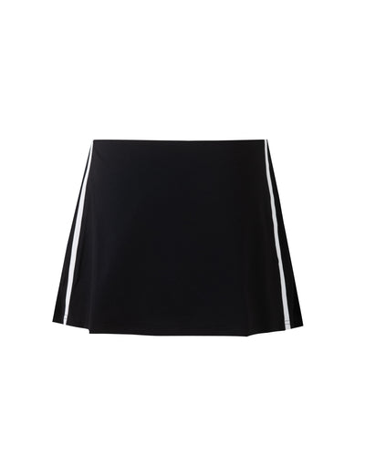 The ELESSAR SKORT - BLACK by TIGERMIST features white vertical stripes along the sides. With a minimalist and simple design, this athletic skirt is perfect for sports or casual wear. It has a slight flare towards the bottom and is set against a plain white background.