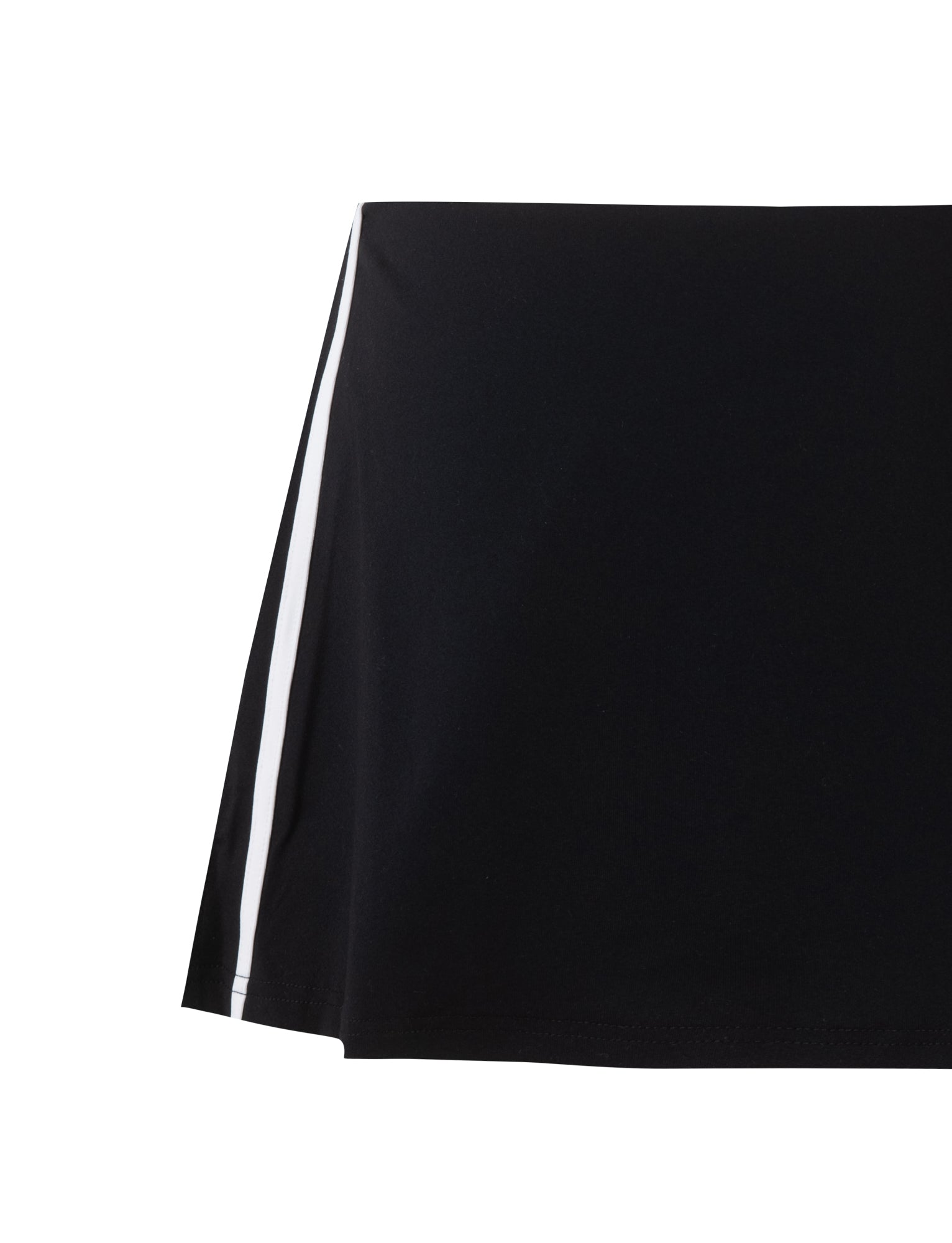 A close-up of the ELESSAR SKORT - BLACK by TIGERMIST reveals a smooth, high-quality fabric featuring a clean and sharp black base with a white vertical stripe on one side, indicating it is part of an exquisite garment.