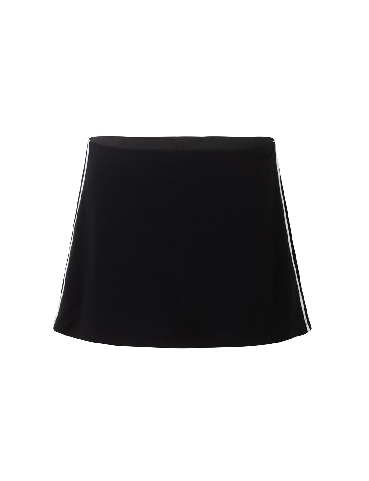 The ELESSAR SKORT - BLACK from TIGERMIST is a black athletic skirt featuring a simple A-line design with white side stripes. The material appears to be smooth and slightly stretchy, making it suitable for sports or casual wear. The skirt has a clean and minimalistic appearance with no visible embellishments.