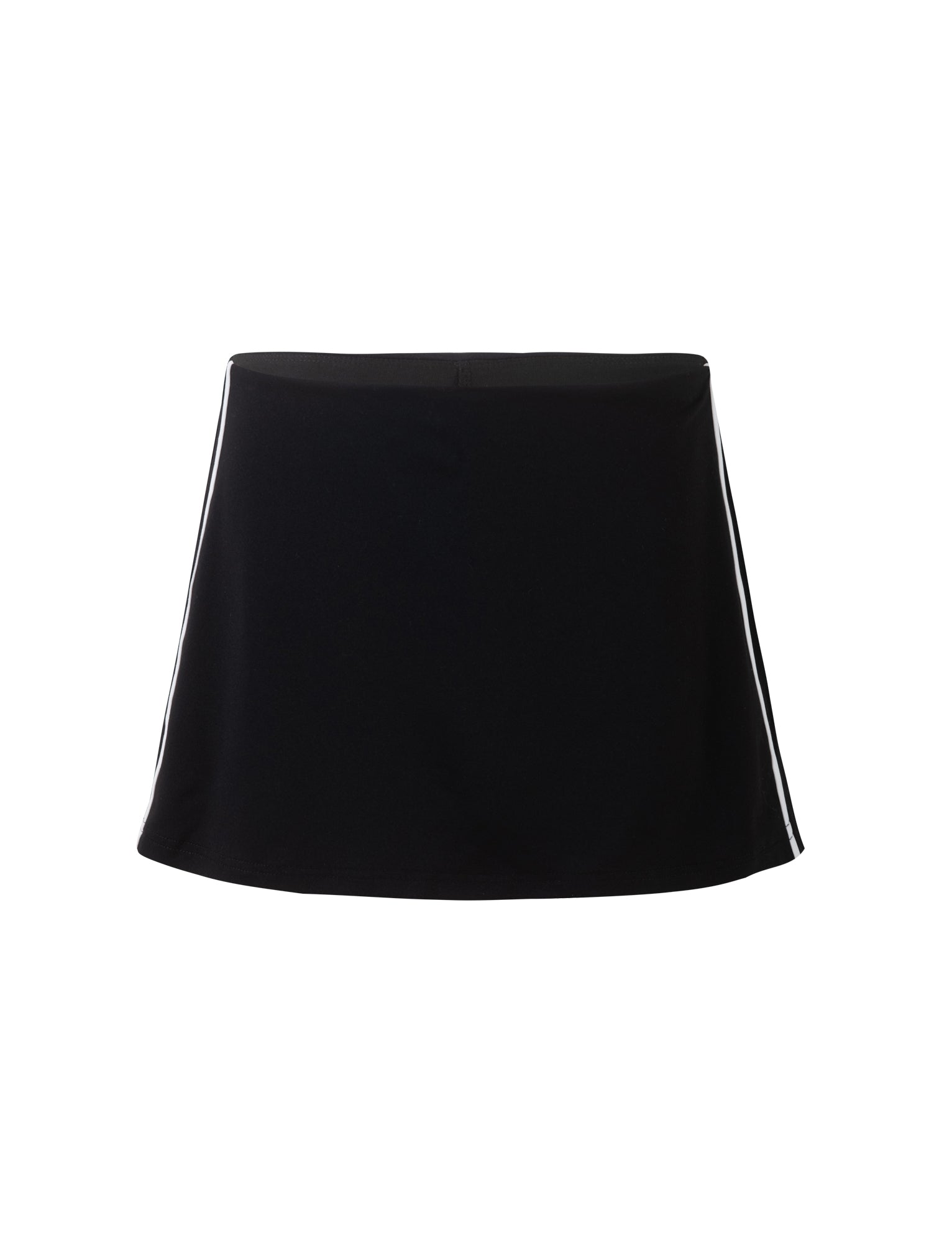 The ELESSAR SKORT - BLACK from TIGERMIST is a black athletic skirt featuring a simple A-line design with white side stripes. The material appears to be smooth and slightly stretchy, making it suitable for sports or casual wear. The skirt has a clean and minimalistic appearance with no visible embellishments.