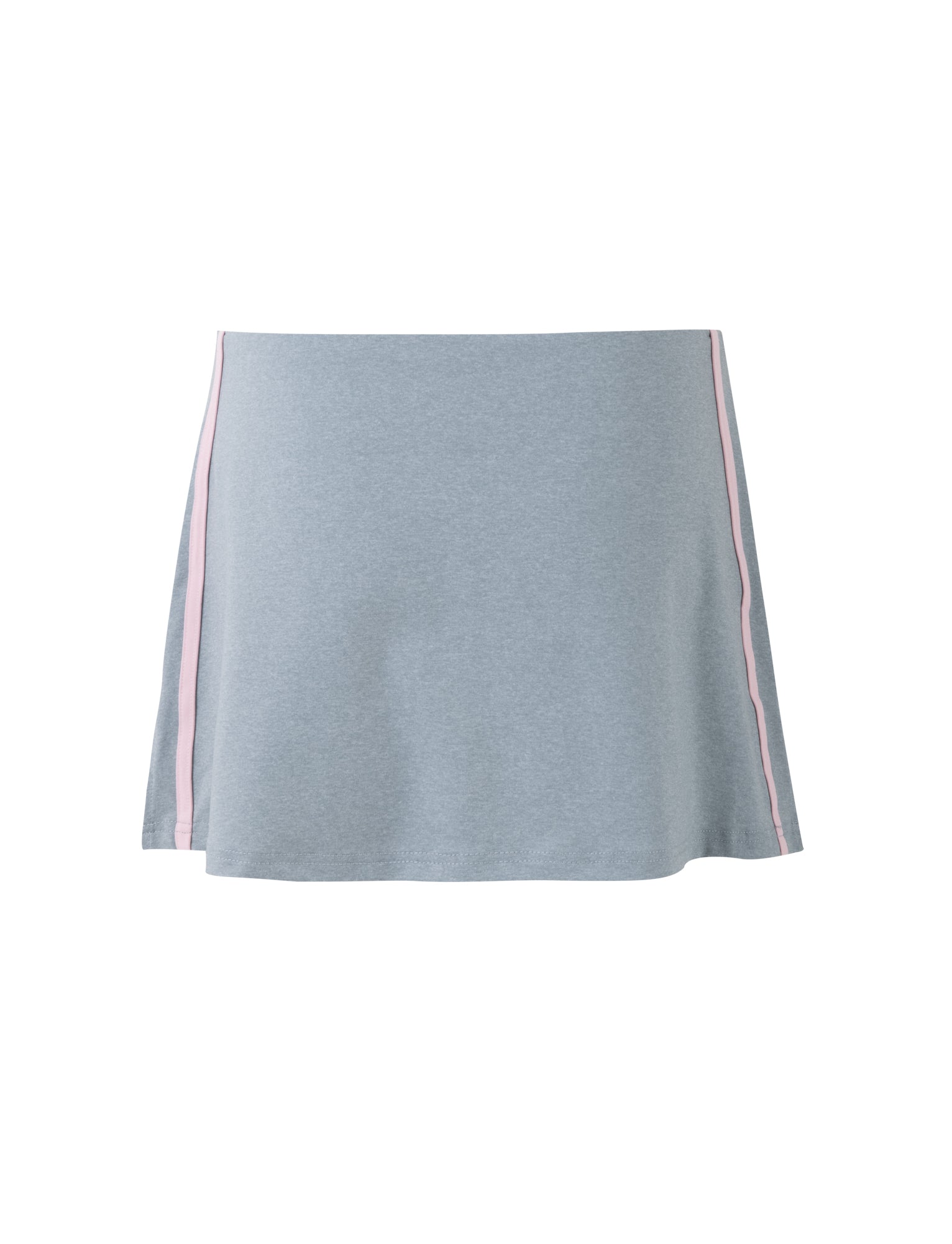The ELESSAR SKORT in Grey Marle from TIGERMIST is a light grey, A-line skort with a simple design and vertical light pink stripes running down both sides. It is displayed on a plain white background.