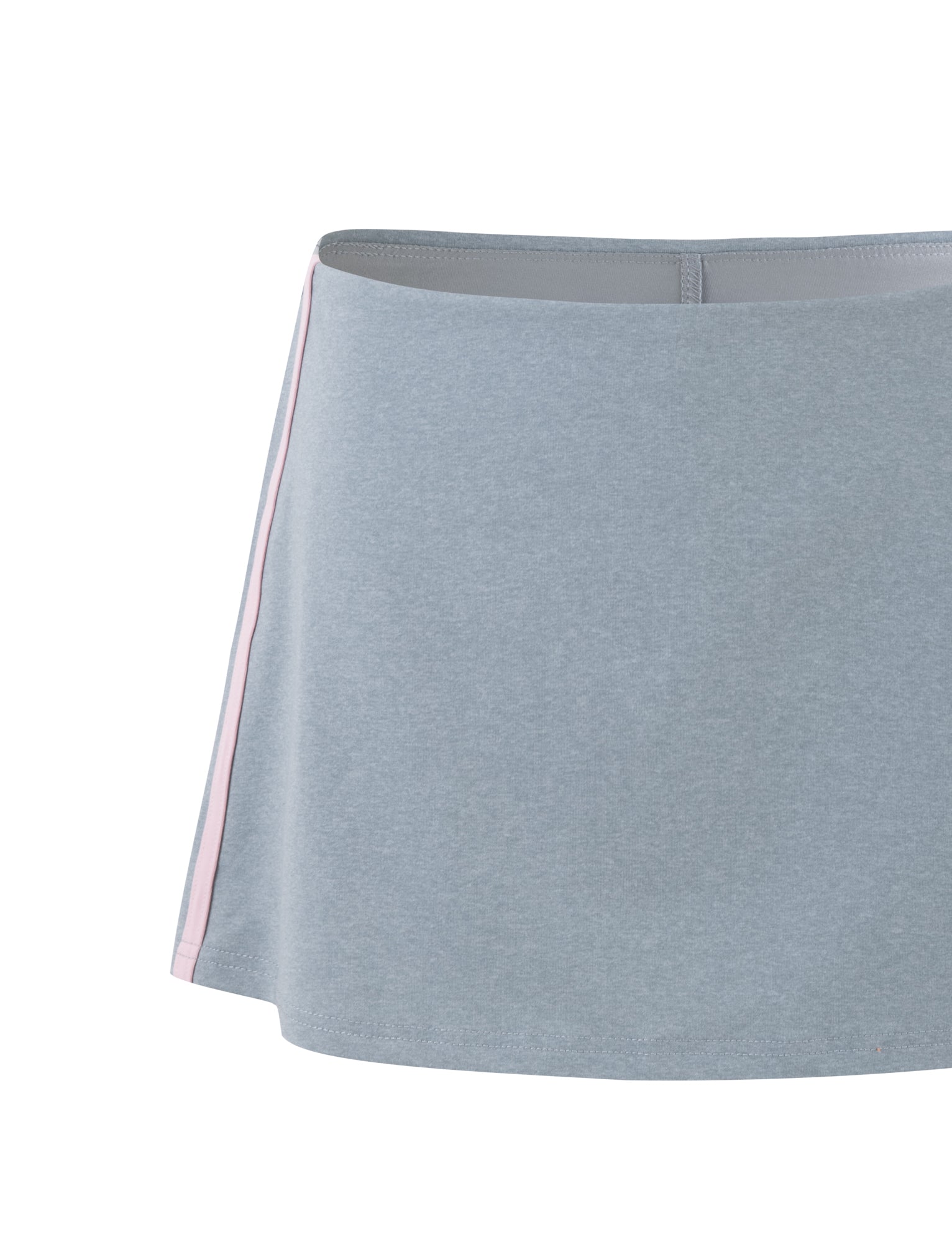 The Elessar Skort in Grey Marle by TigerMist is a light gray athletic skirt with a subtle A-line shape. It features side stripes in pink and white, an elastic waistband for added comfort, and smooth, stretchy fabric that makes it ideal for both sports and casual wear. This standout TigerMist design is showcased against a plain background.