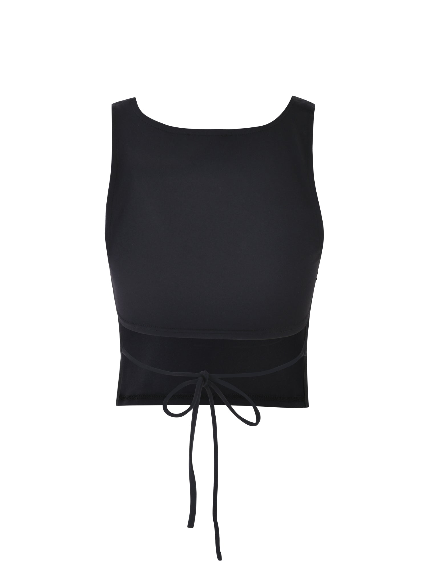 The LERO TOP - BLACK by TIGERMIST is a chic, sleeveless crop top featuring a fitted design and round neckline. It includes a fabric tie at the waist for an adjustable fit and is made from smooth, slightly stretchy material, ensuring both comfort and style. Displayed against a plain white background.