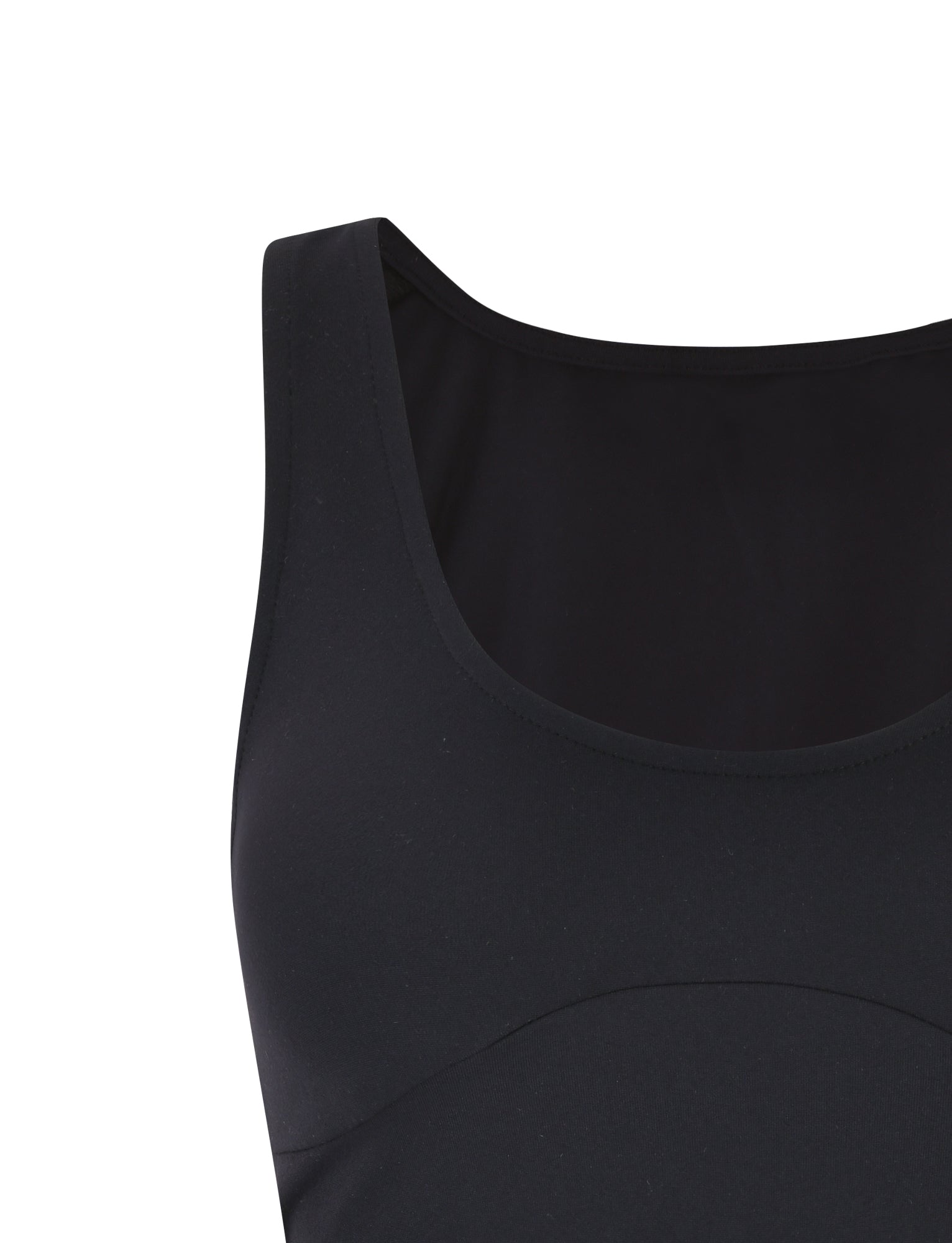 Close-up of the LERO TOP - BLACK by TIGERMIST, featuring a sleeveless design with a round neckline, showcasing the upper half of the garment. The smooth and slightly shiny fabric accentuates its sleek look. The top is displayed against a plain white background.
