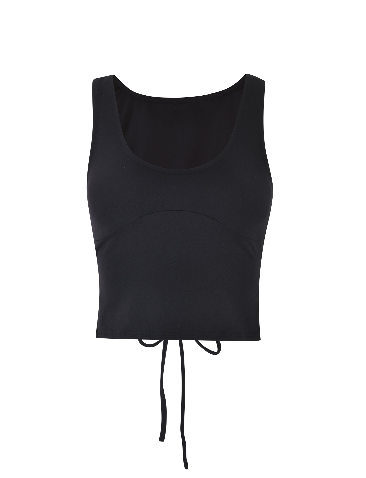 The LERO TOP - BLACK by TIGERMIST is a sleeveless crop top featuring a scoop neckline and tied back detail, crafted from stretch fabric for a fitted, bodycon silhouette. It boasts simple, clean lines, beautifully showcased against a plain white background.