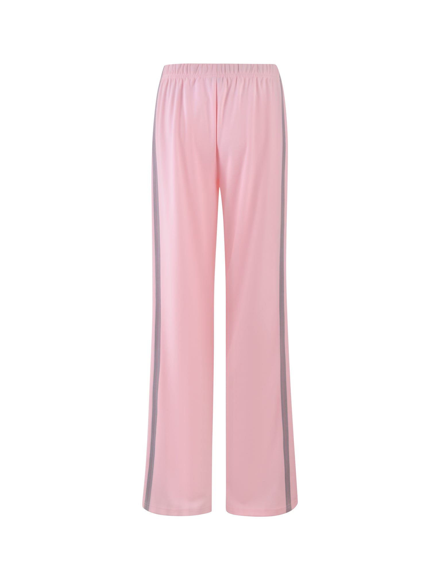 A pair of baby pink, loose-fitting DARJA PANT from TIGERMIST with an elastic waistband. These pants feature vertical gray stripes running down the sides and are shown laid flat against a white background in the image.