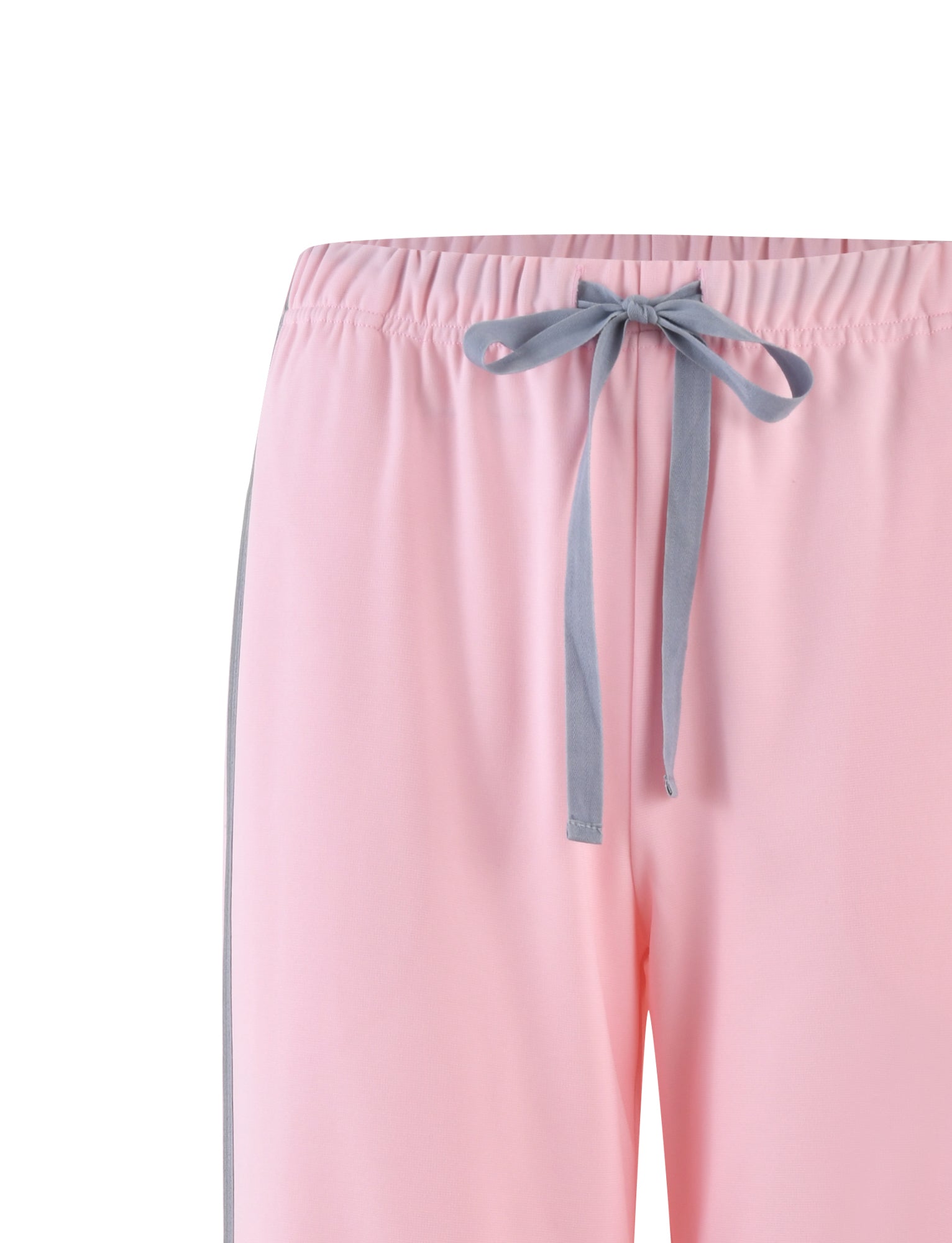 Close-up of the upper part of a pair of TIGERMIST DARJA PANT - PINK : BABY PINK featuring a grey drawstring at the waist. The gathered elastic waistband and a grey stripe along the side contrast against the plain white background.