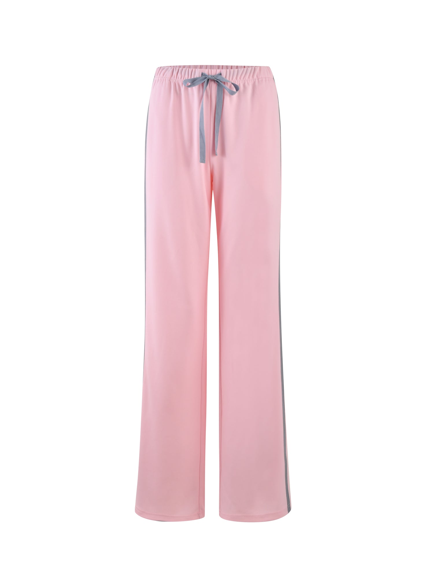 The DARJA PANT - PINK in Baby Pink from TIGERMIST features an elastic waistband and a grey drawstring. Adorned with grey vertical stripes running down the sides, these wide-legged pants look comfortable and are likely made of a soft, flowing fabric.