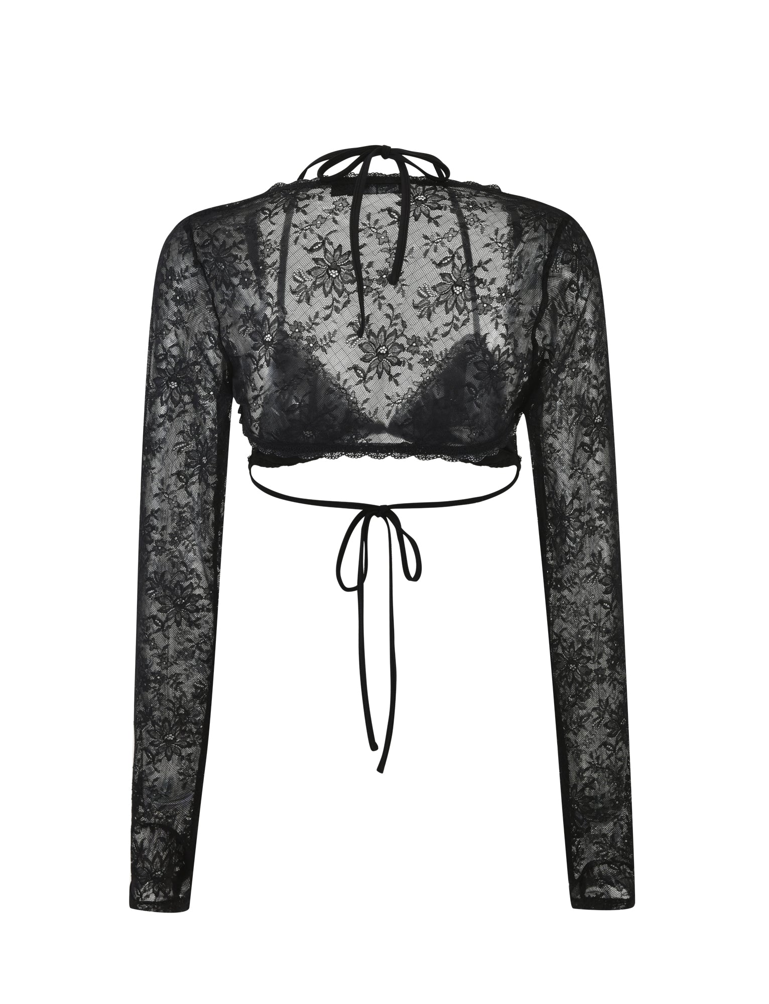 Introducing the TIGERMIST KRAVEN TWO PIECE TOP in black lace, showcasing a stunning floral design. This long-sleeve crop top features a high neckline with a halter tie and an additional back tie closure. The delicate lace fabric provides a see-through look, highlighting its intricate patterns.