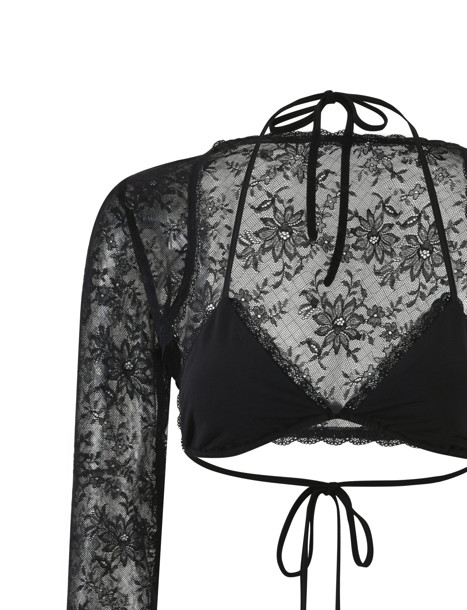 The KRAVEN TWO PIECE TOP - BLACK from TIGERMIST features a delicate floral pattern and a halter neckline. This lace top has long sleeves made entirely of lace and a midriff-baring design with a lace-up back, adding an intricate and feminine touch to the garment.