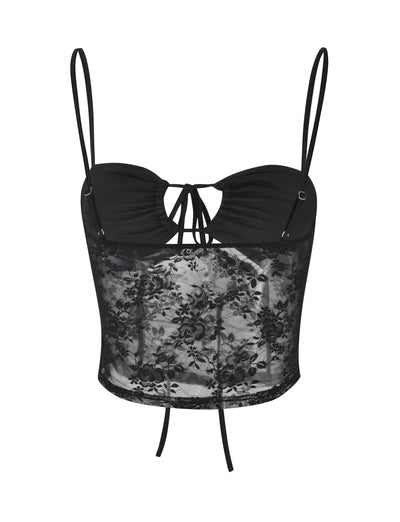The TOBIAS TOP - BLACK by TIGERMIST is a black lace camisole with spaghetti straps. This top features a sweetheart neckline with a small tie at the center and a sheer, floral lace bodice extending to the waist. The back is not visible.