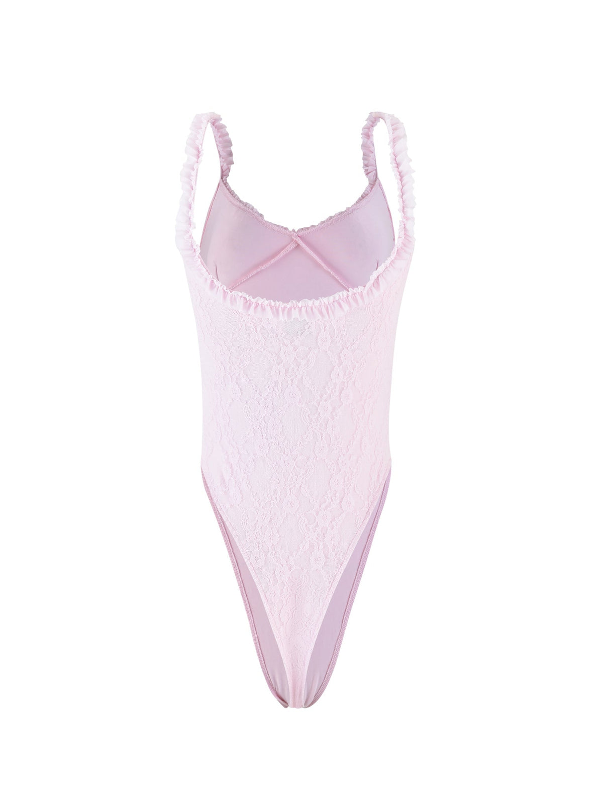 A TIGERMIST DEJA Bodysuit in pastel pink, featuring ruffled straps. This bodysuit boasts a low neckline and a high-cut leg design, crafted from delicate lace fabric, delivering a feminine and elegant look.