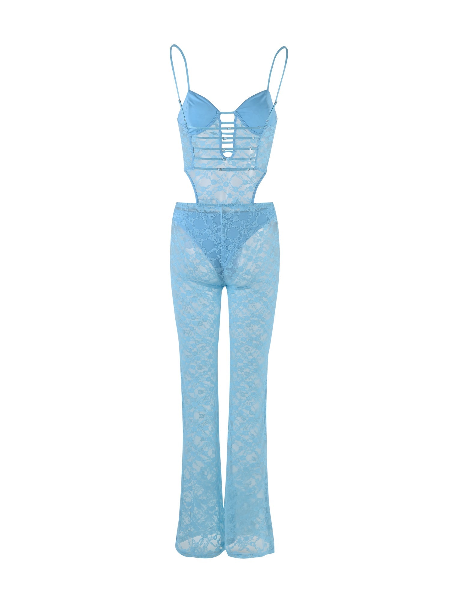 The INZA JUMPSUIT - BLUE in baby blue by TIGERMIST is a sheer lingerie set featuring a strappy bodysuit with spaghetti straps, a cage front design, and high-waisted lace pants that extend to the ankles. Intricate lace detailing is present throughout the outfit.
