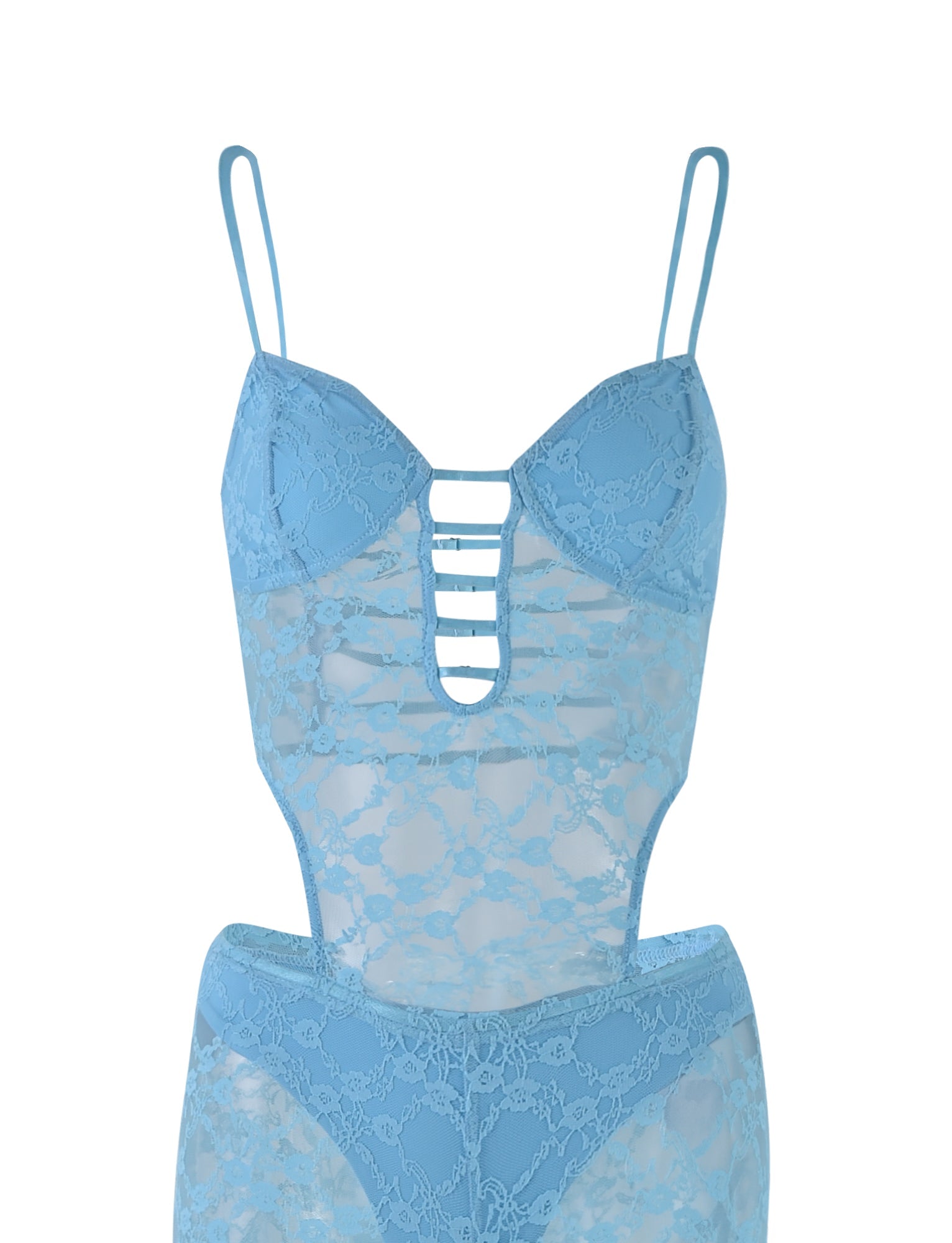 The INZA JUMPSUIT - BLUE (BABY BLUE) from TIGERMIST is a blue lace bodysuit with spaghetti straps. It features intricate floral lace patterns and a front cutout design with horizontal strap details running down the chest area.