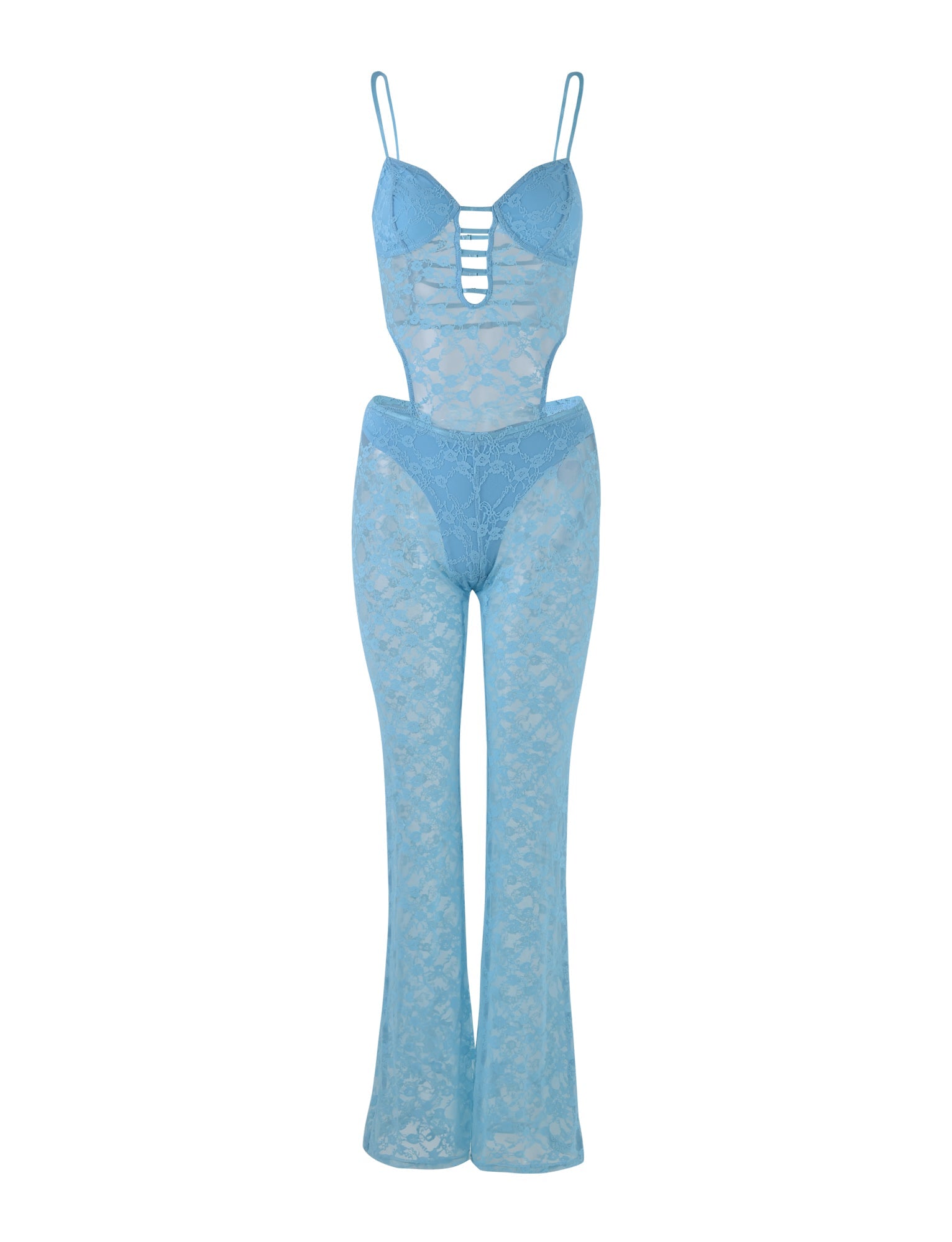 The INZA JUMPSUIT - BLUE by TIGERMIST is a stunning baby blue lace jumpsuit featuring a strappy bust, spaghetti straps, and a see-through lace design that extends into full-length pant legs. The midsection and legs are sheer and adorned with intricate floral lace patterns throughout.