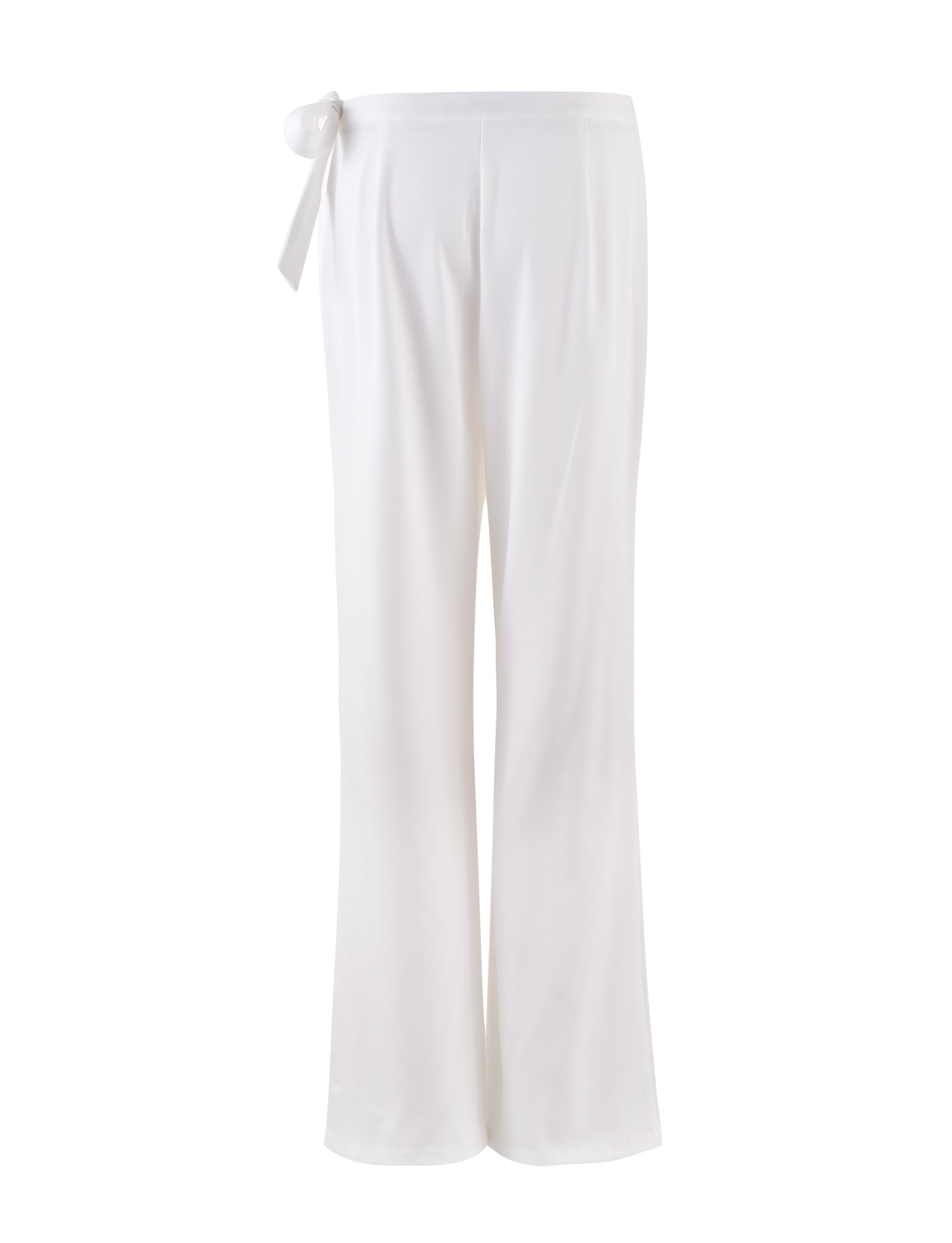 Introducing the TRISTAN PANT - WHITE from TIGERMIST: A pair of white, loose-fitting pants with a straight-leg silhouette and a tie-waist detail on the left side. Crafted from soft, flowy fabric, these pants maintain a minimalistic design without visible pockets or embellishments.