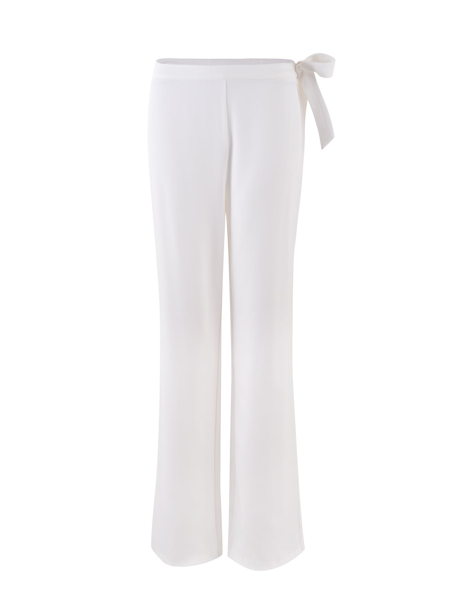 The TRISTAN PANT — WHITE by TIGERMIST features high-waisted, wide-leg trousers with a tie-waist detail on the right side. These trousers have a smooth, elegant appearance designed to offer a relaxed yet chic look.