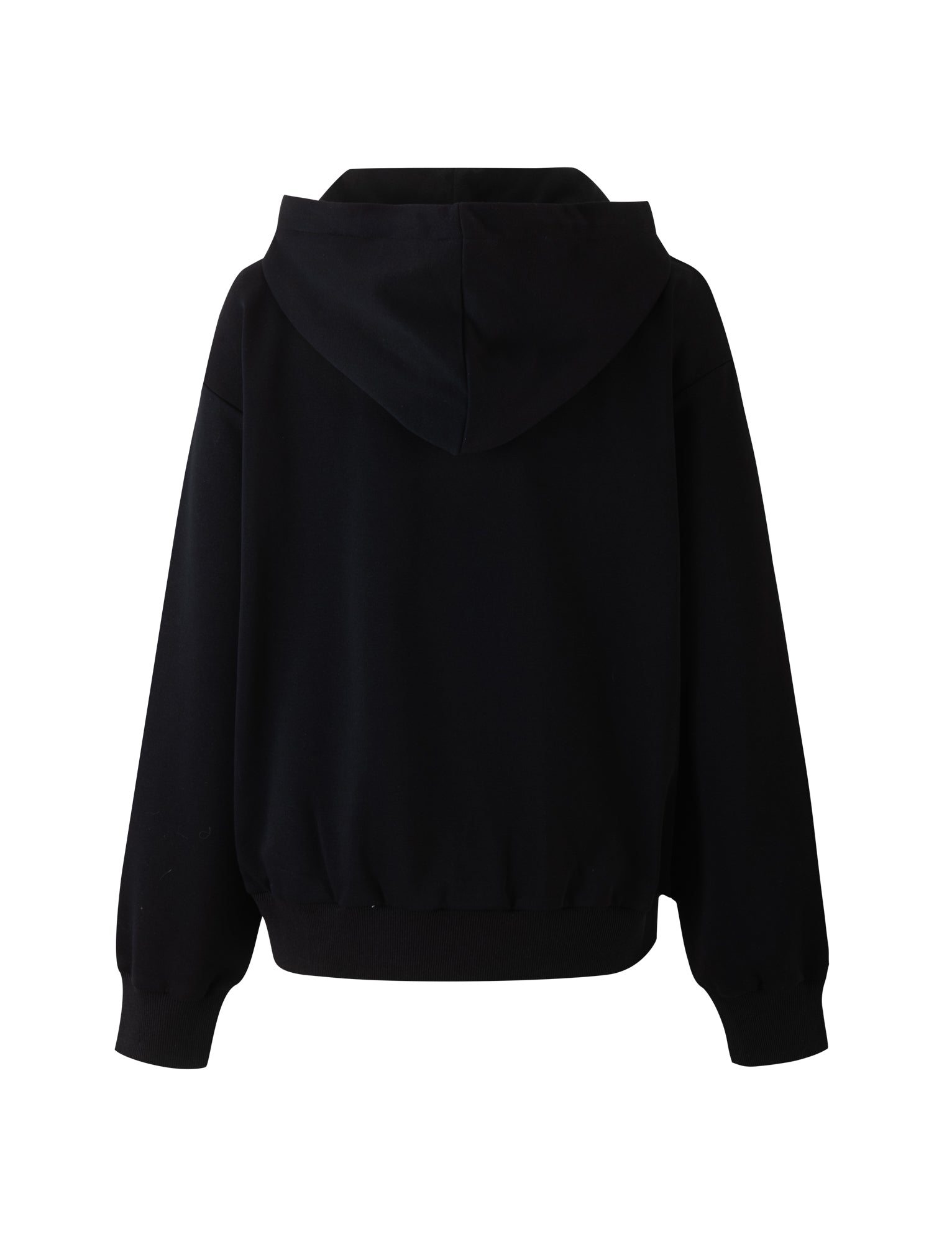 The ALISH HOODIE - BLACK from TIGERMIST is displayed from the back, showcasing its long sleeves, a front hem that drapes loosely at the waist, and a large hood. The hoodie has a simple and unadorned appearance against a plain white background.
