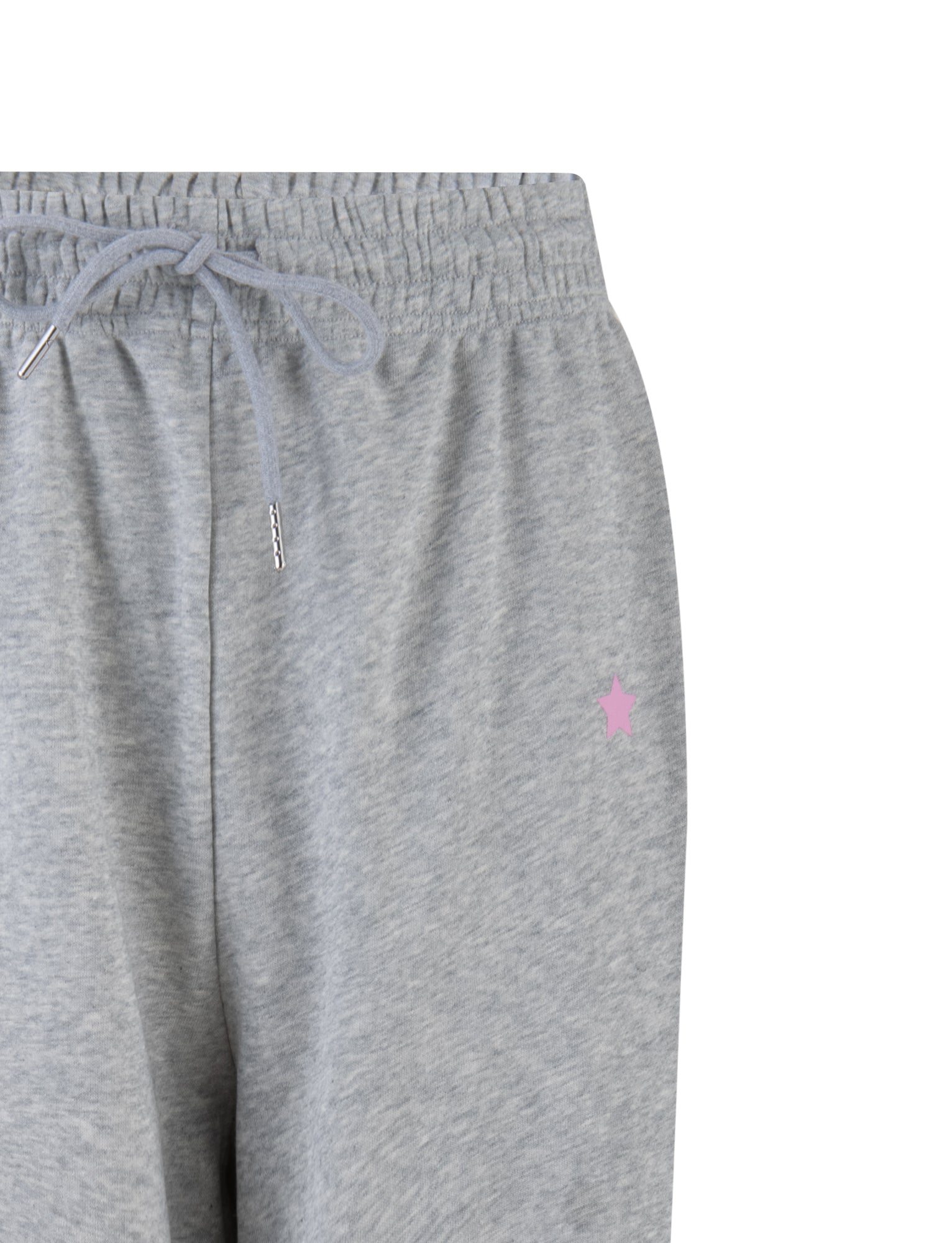 Close-up of the TIGERMIST ALISH PANT - GREY : GREY MARLE featuring an elastic waistband and adjustable drawstring. A small pink star is embroidered on the left side near the pocket, and the fabric appears soft and comfortable.