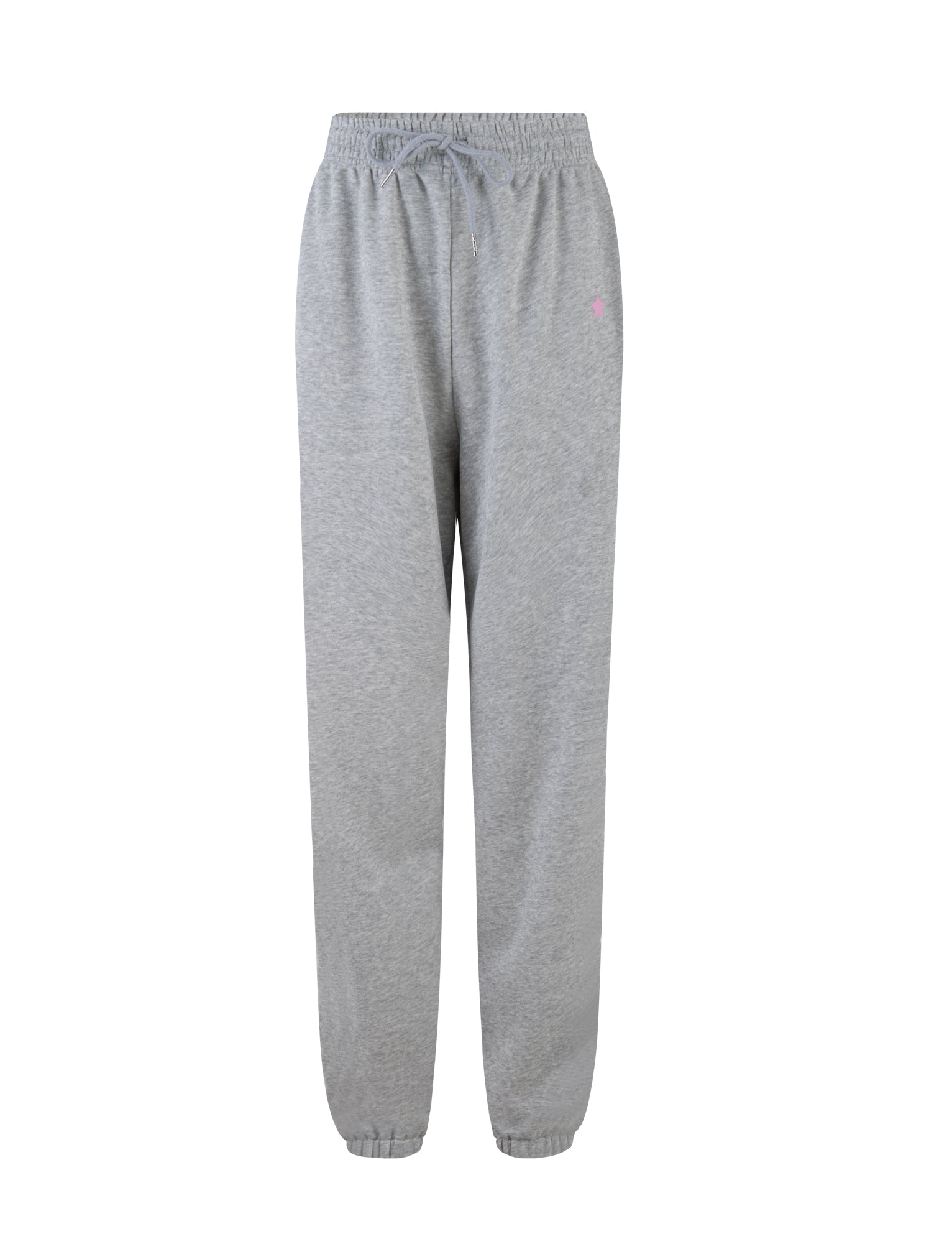 The ALISH PANT - GREY : GREY MARLE by TIGERMIST features an elastic waistband and drawstring, complemented by elastic cuffs at the ankles. These gray sweatpants have a minimalist design without visible pockets or logos, except for a small, subtle Tiger Mist emblem in light pink on the upper left thigh area.
