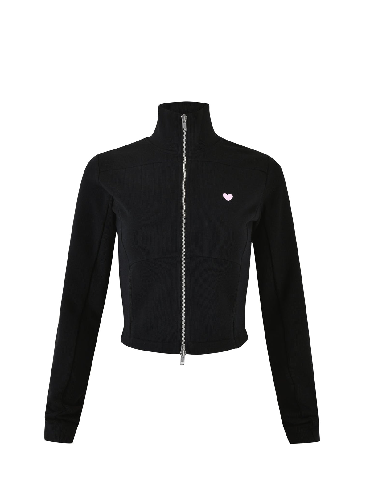 The VERDA JACKET in black, designed by TIGERMIST, is a long-sleeve jacket featuring a high collar, front zipper, and a small pink heart emblem on the left chest.