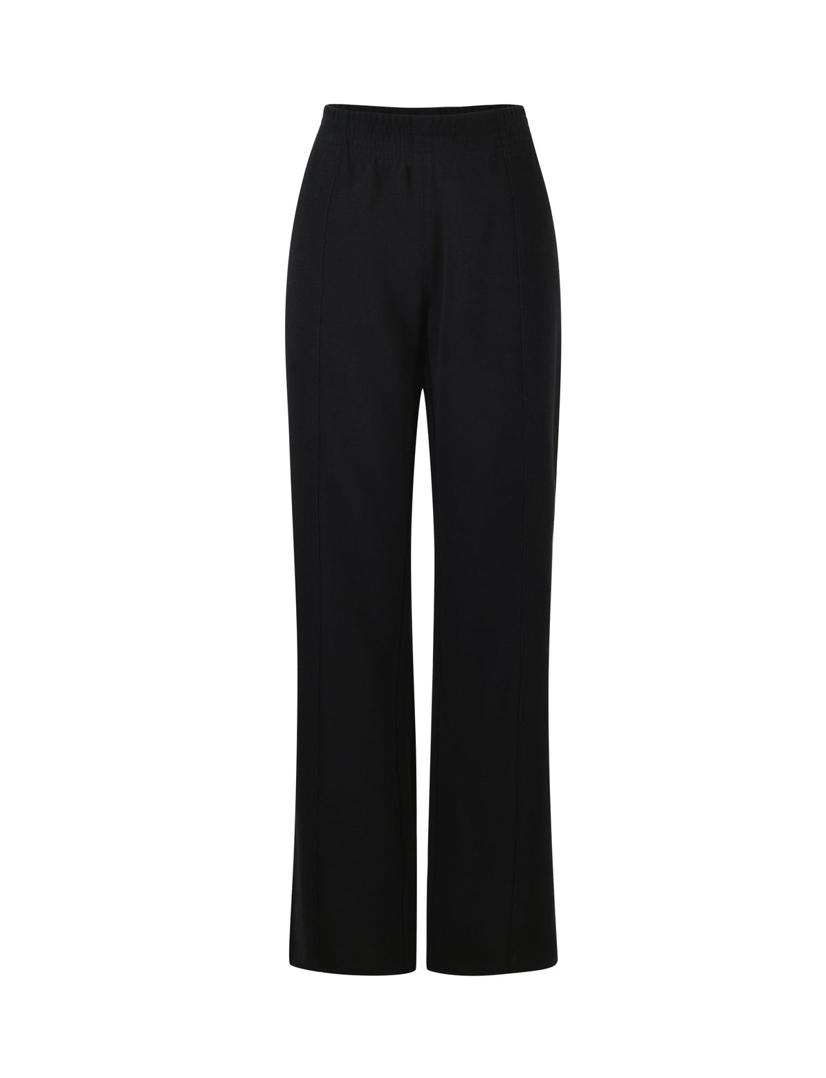 A view of the VERDA PANT - BLACK from the front shows a pair of black wide-leg pants by TIGERMIST, featuring a high waistband and a relaxed, straight fit through the legs. The design is minimalistic with no visible additional details or embellishments, and the pants appear to be made of a lightweight, smooth fabric.
