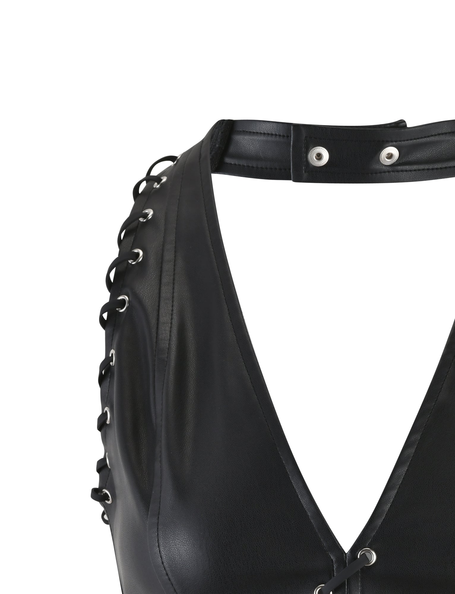 A close-up image of the BOSCO TOP - BLACK : BLACK PU from TIGERMIST showcases its black leather halter design with a deep V-neck. The top features silver eyelets and lace-up detailing on the sides, along with a collar that has a snap button closure, perfect for an edgy and modern look.