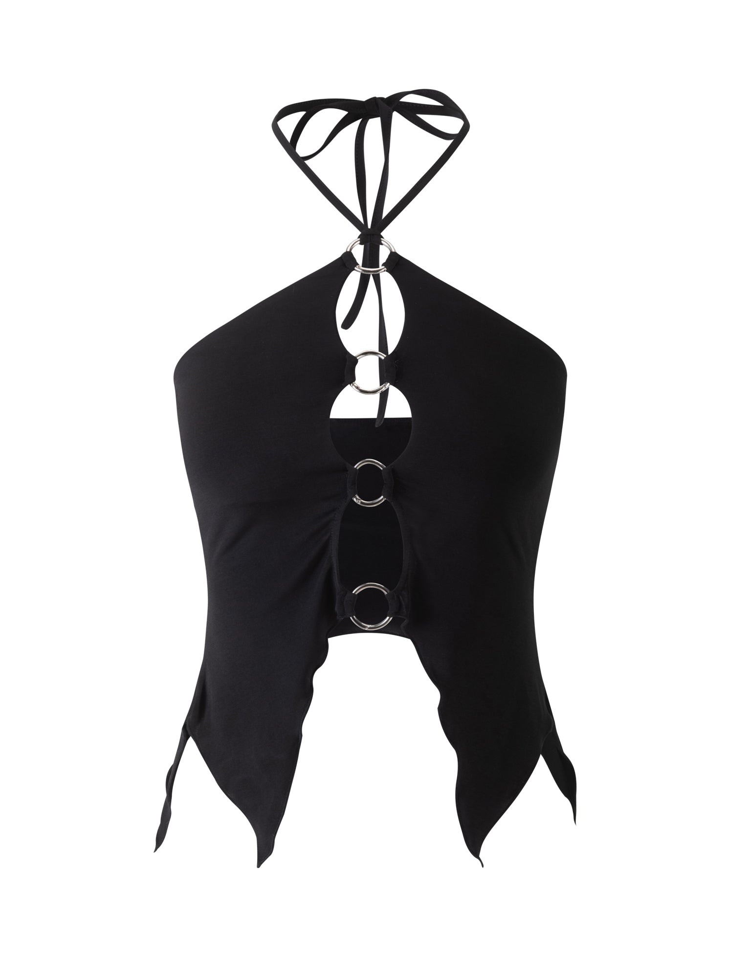 The TERI TOP - BLACK from TIGERMIST is a stylish halter top featuring a unique design with multiple keyhole cutouts down the front, connected by metal rings. It includes a lace-up detail at the back and jagged edges at the hem, giving it a modern, edgy look.