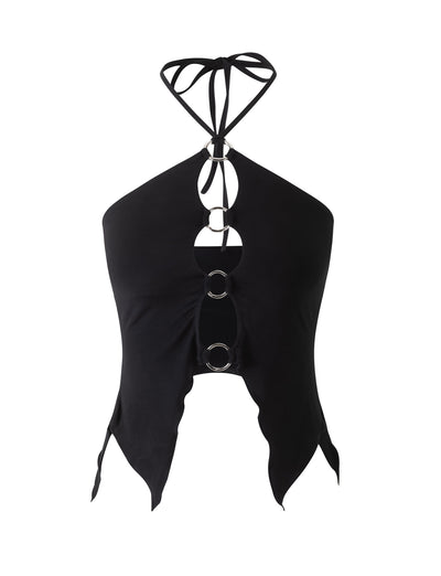 The TERI TOP - BLACK from TIGERMIST is a stylish halter top featuring a unique design with multiple keyhole cutouts down the front, connected by metal rings. It includes a lace-up detail at the back and jagged edges at the hem, giving it a modern, edgy look.
