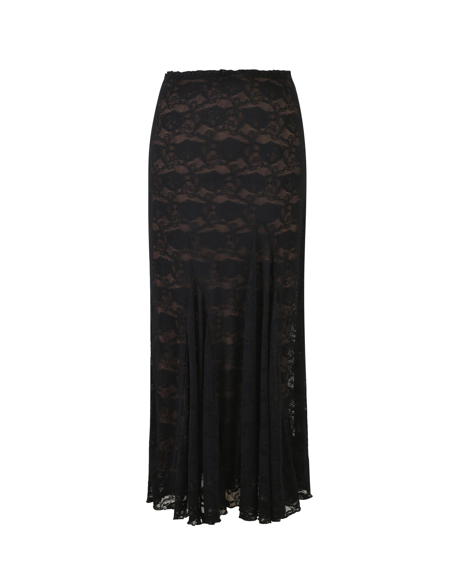 The ISADORA SKIRT - BLACK: LACE from TIGERMIST is showcased against a white background. This black lace midi skirt highlights a fitted waist and flowy, partially sheer fabric with an A-line silhouette. It features a floral lace pattern and has a hemline that reaches below the knees.
