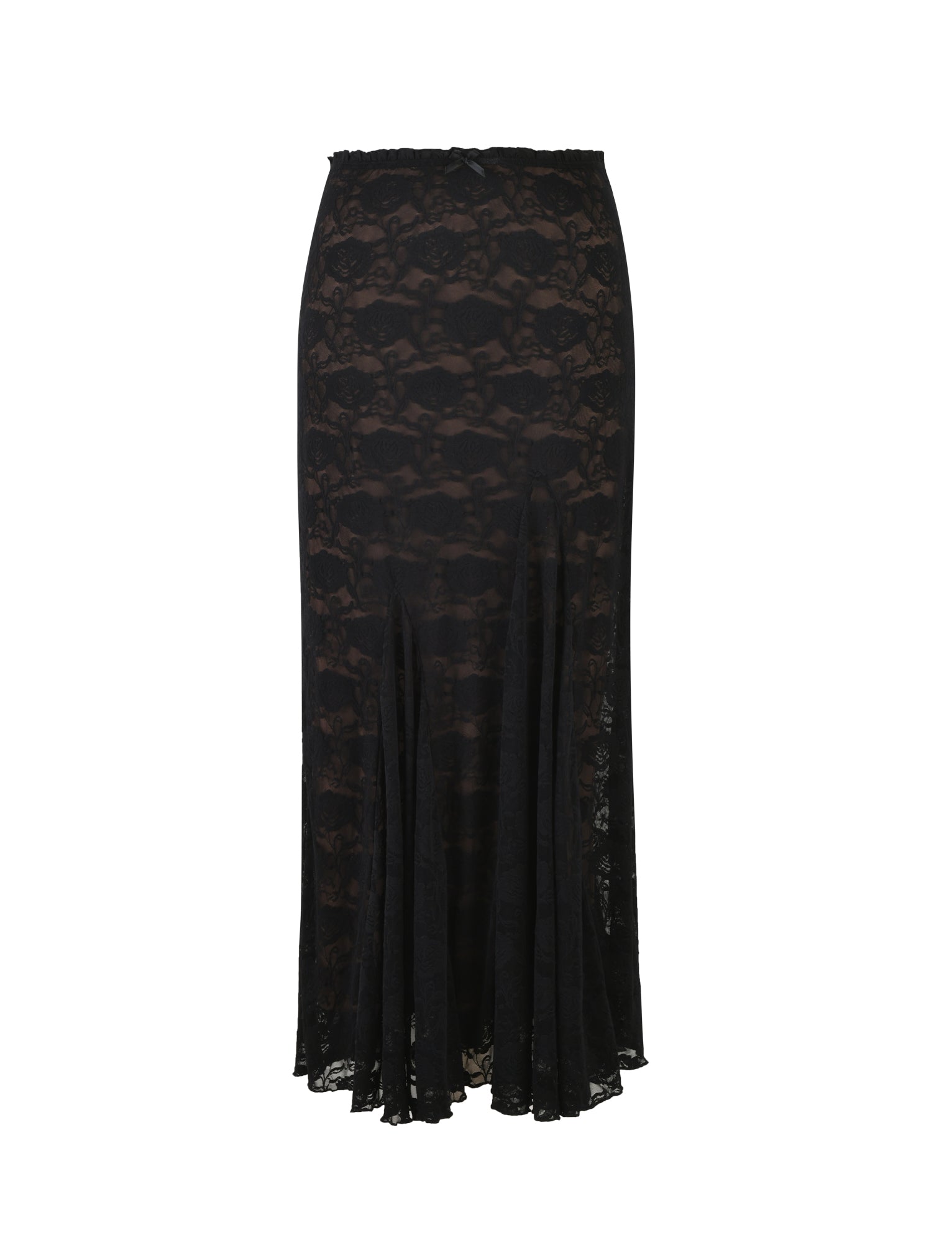The ISADORA SKIRT - BLACK from TIGERMIST is a full-length lace skirt with a fitted waist and a flared hem. It features an intricate floral lace pattern throughout and has a slightly sheer design.