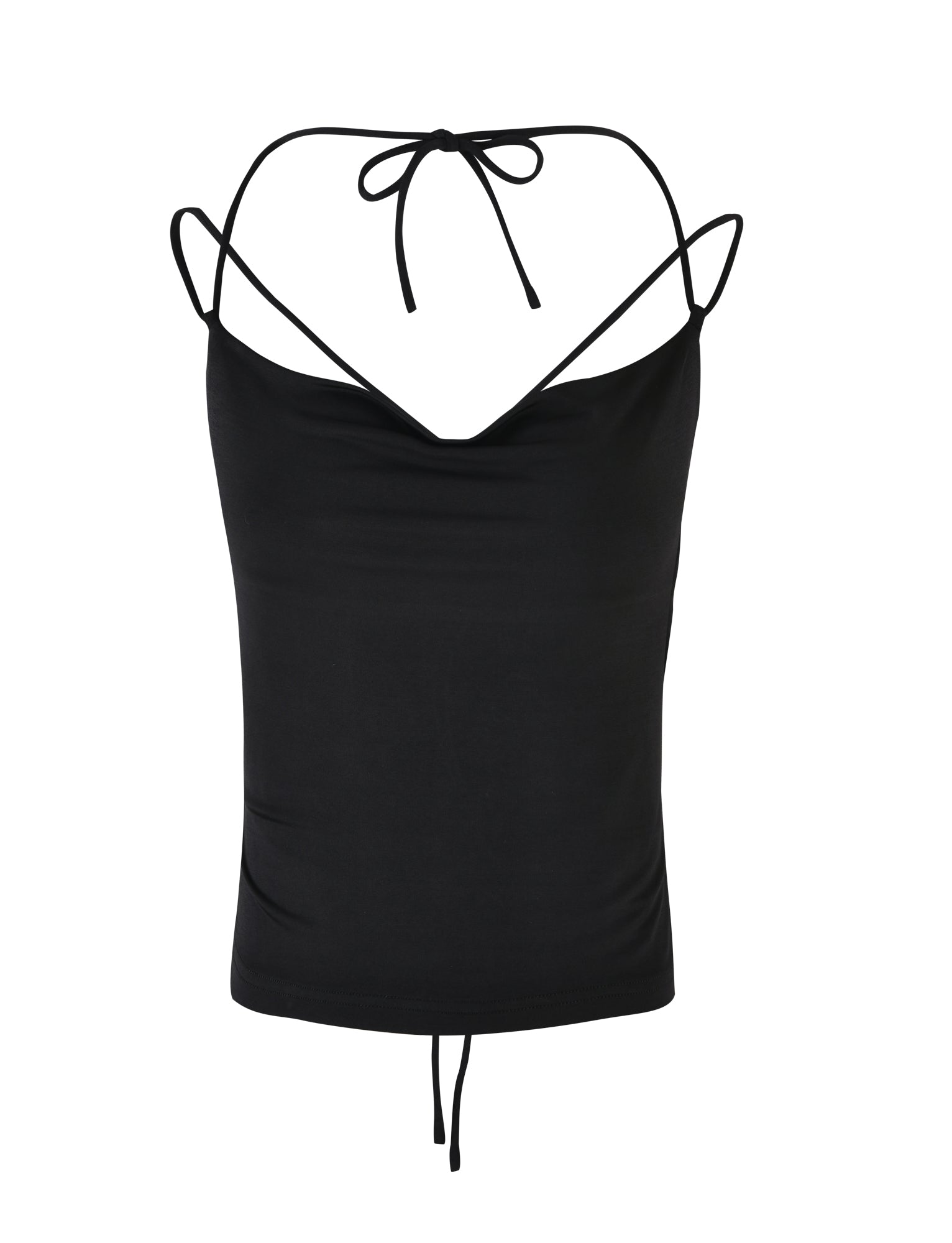 Image of the ZAIDA TOP - BLACK from TIGERMIST, a black sleeveless camisole with thin spaghetti straps and a halter neck tie. It features a slightly draped neckline and a fitted silhouette, crafted from smooth and stretchy fabric.