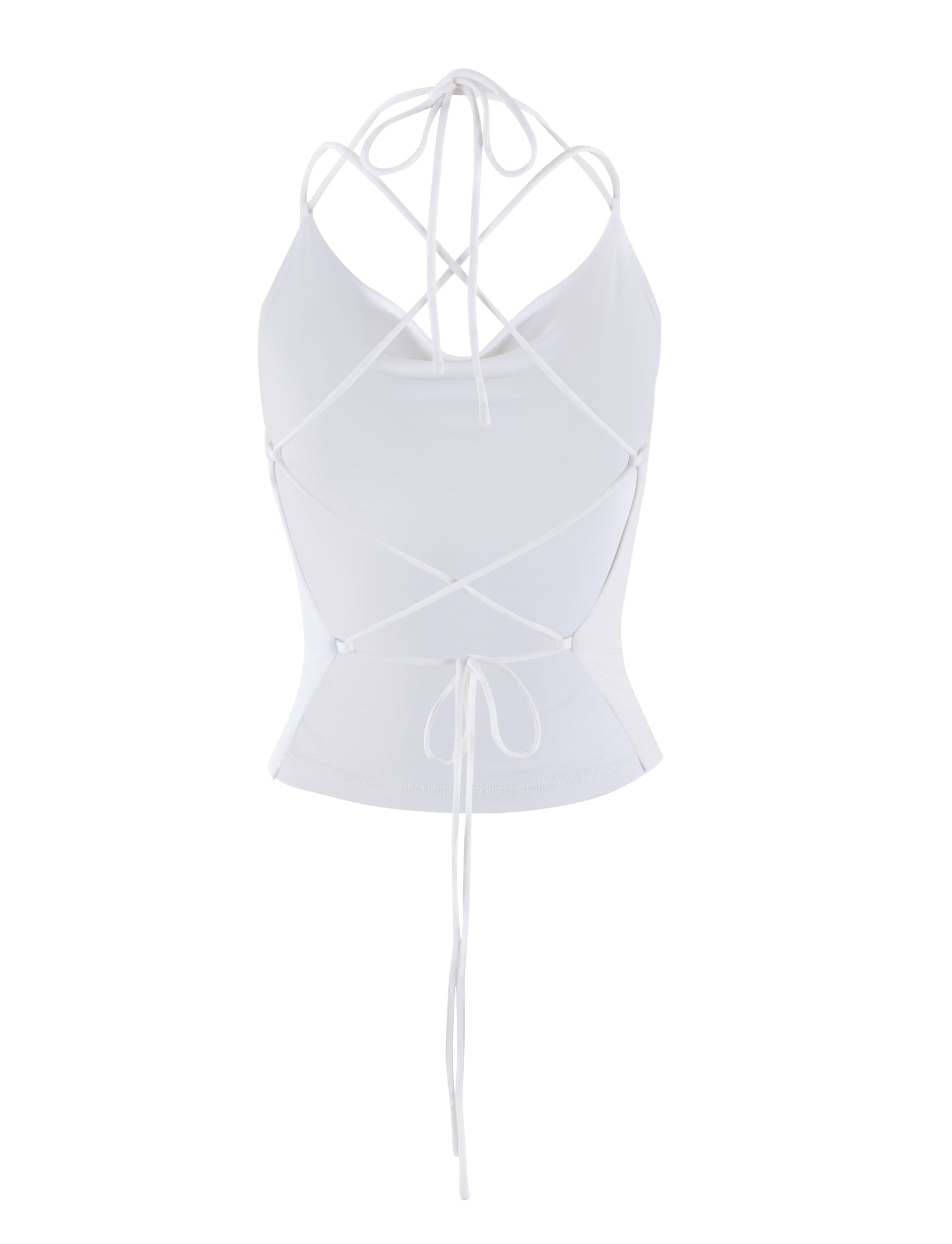Introducing the ZAIDA TOP - WHITE from TIGERMIST, a stylish halter top featuring a fitted design and an intricate lace-up back. The crisscrossed strings tie at both the lower waist and neck, offering an open, adjustable fit. The smooth and stretchy fabric adds to its sophisticated look.