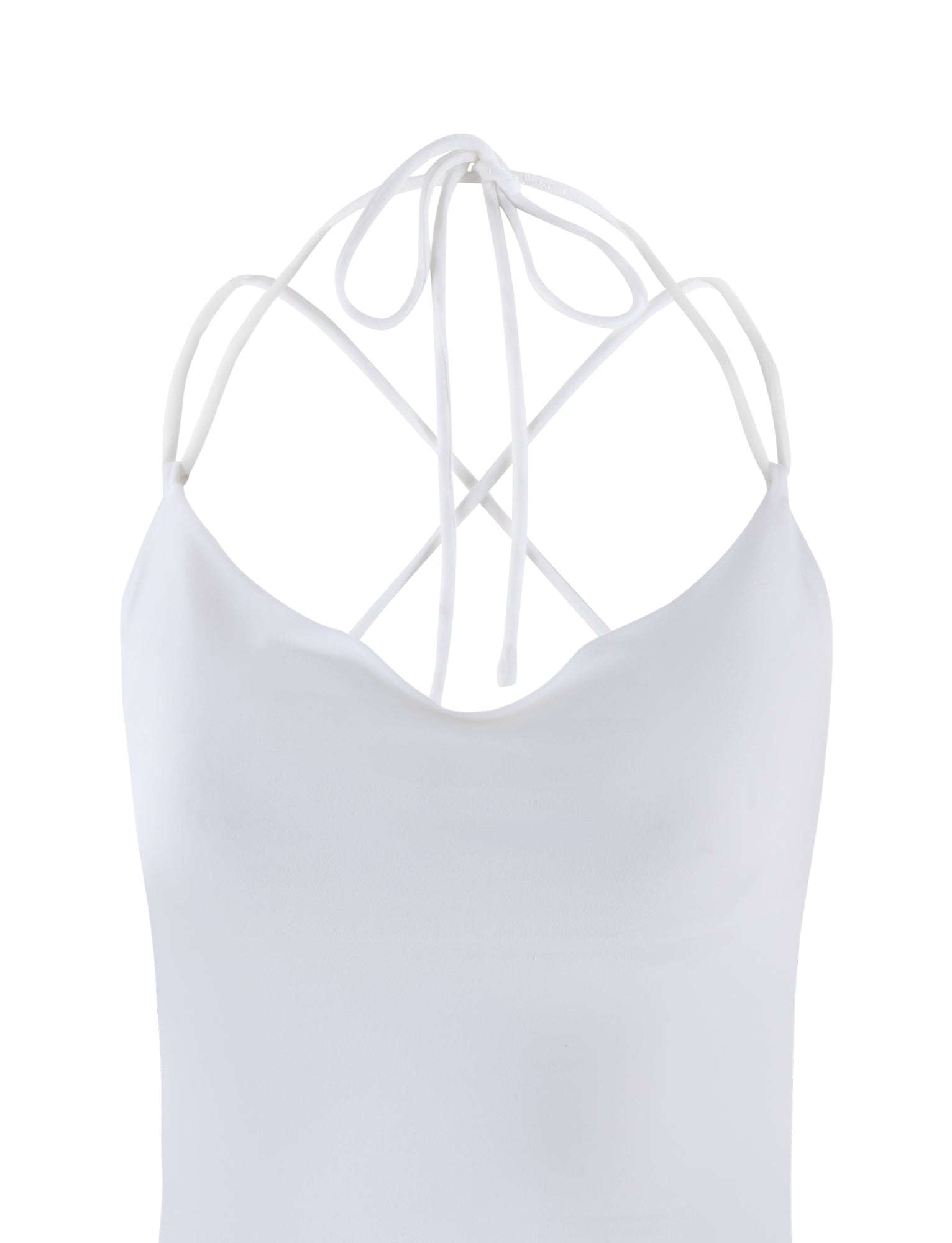 The ZAIDA TOP - WHITE from TIGERMIST features thin, crisscrossing straps and a low-cut back. The smooth, fitted fabric gives the top a minimalist and elegant look.
