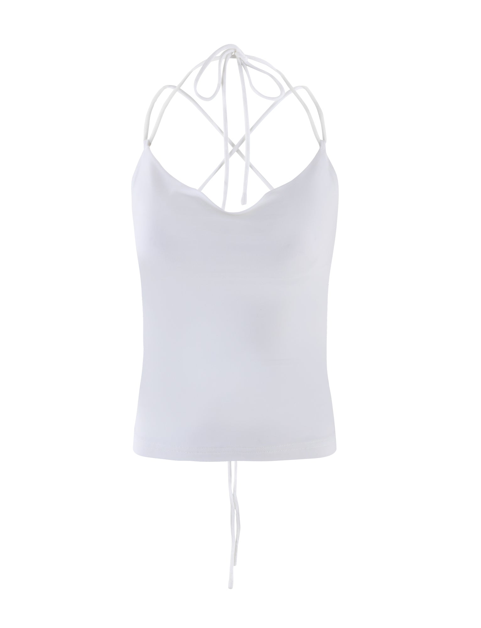 The ZAIDA TOP - WHITE from TIGERMIST is a white, sleeveless top featuring spaghetti straps with a crisscross design at the back and thin tie strings. The fabric appears smooth and slightly stretchy, giving it a fitted look.