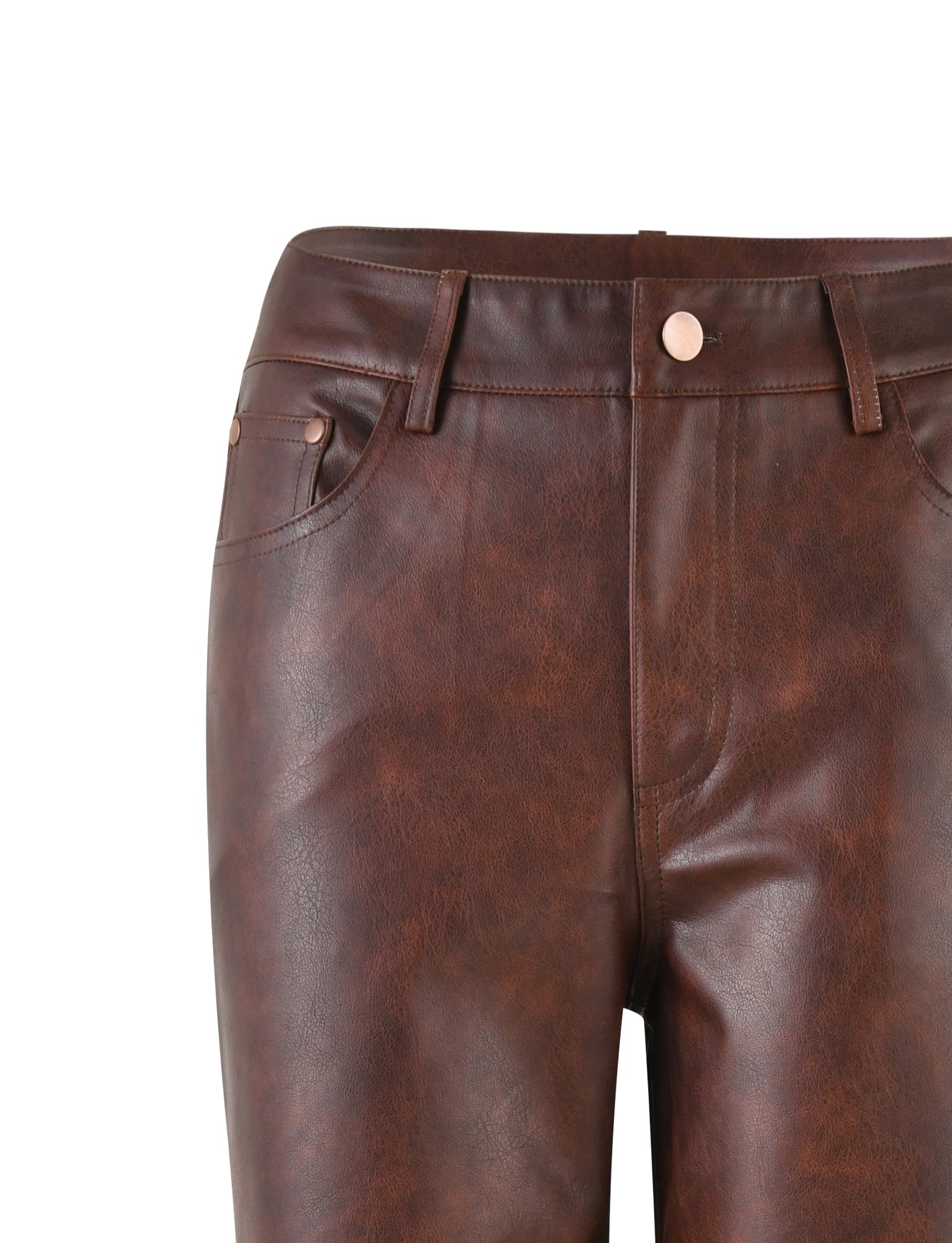Close-up view of the WILDER PANT in Burgundy Red Brown from TIGERMIST, featuring a straight-cut design. These pants include two front pockets and belt loops, secured with a metallic button closure at the waistband. The leather material has a smooth texture with a slight sheen.